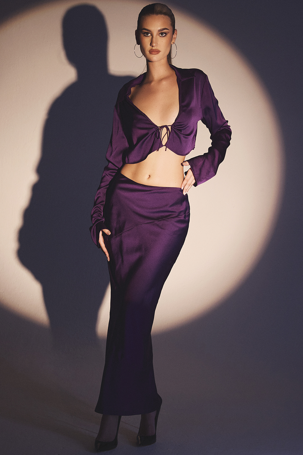 Colette Grape Satin Low Waist Midi Skirt - luluinthesky