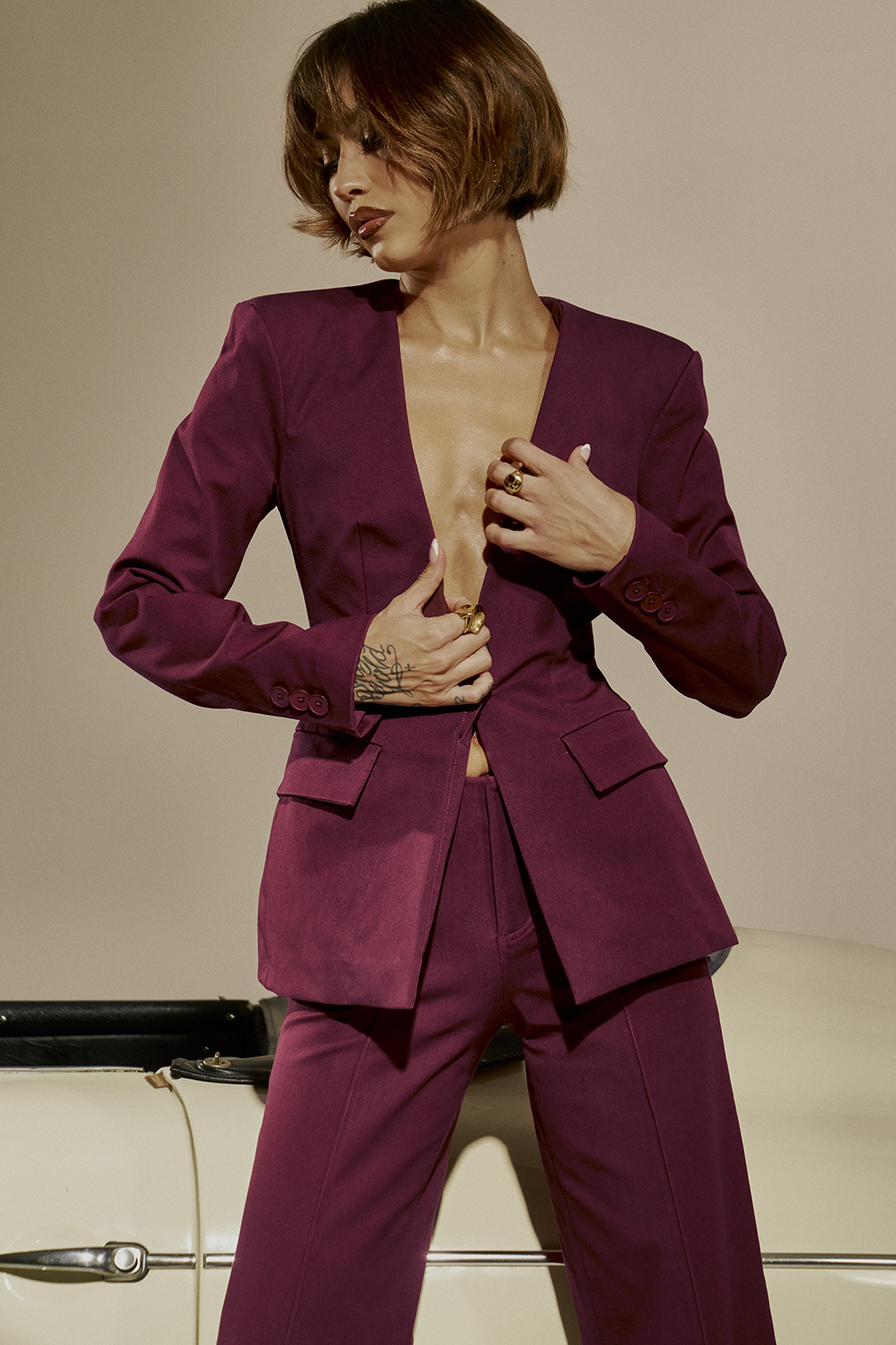 Theodora Wine Deep V Blazer - luluinthesky