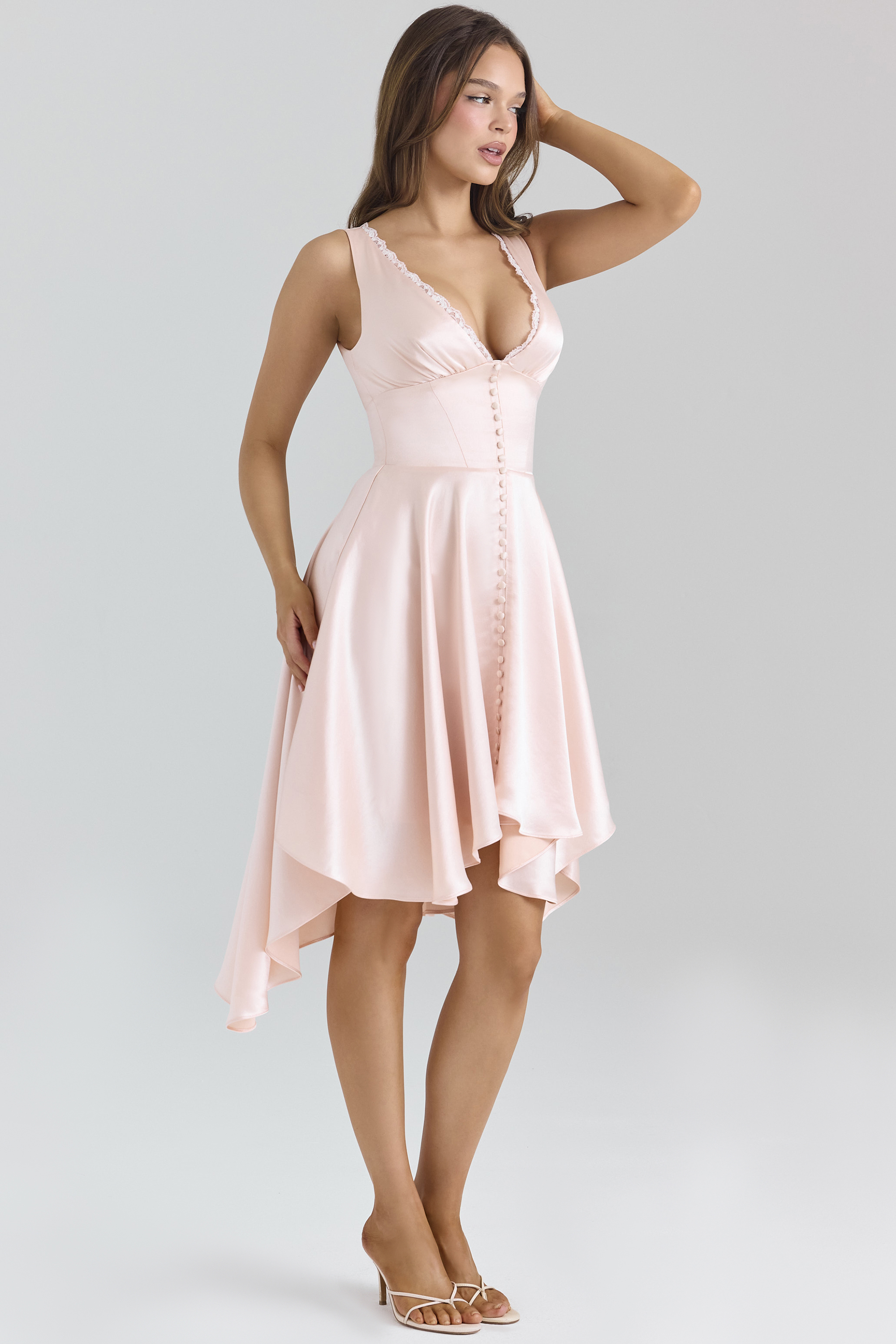 Sabella Pink Satin Asymmetric Handkerchief Hem Midi Dress - luluinthesky