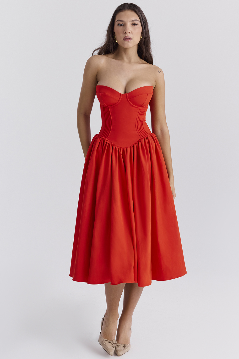 Elizabeth Italian Tomato Strapless Midi Sundress - luluinthesky