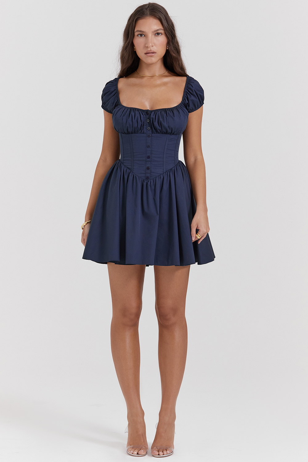 Nala French Navy Gathered Mini Dress - luluinthesky