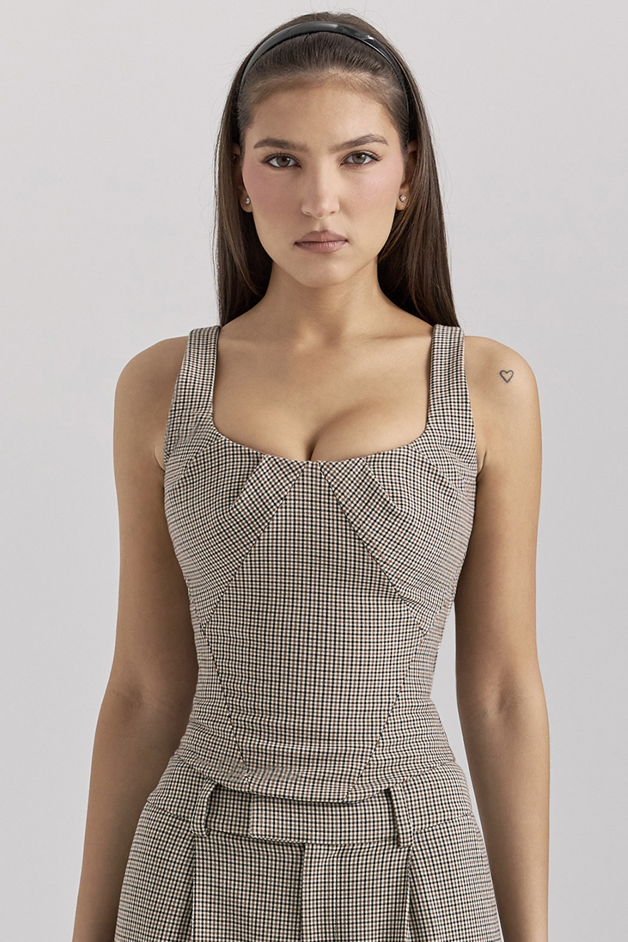 Selma Brown Puppytooth Boned Corset Top - luluinthesky