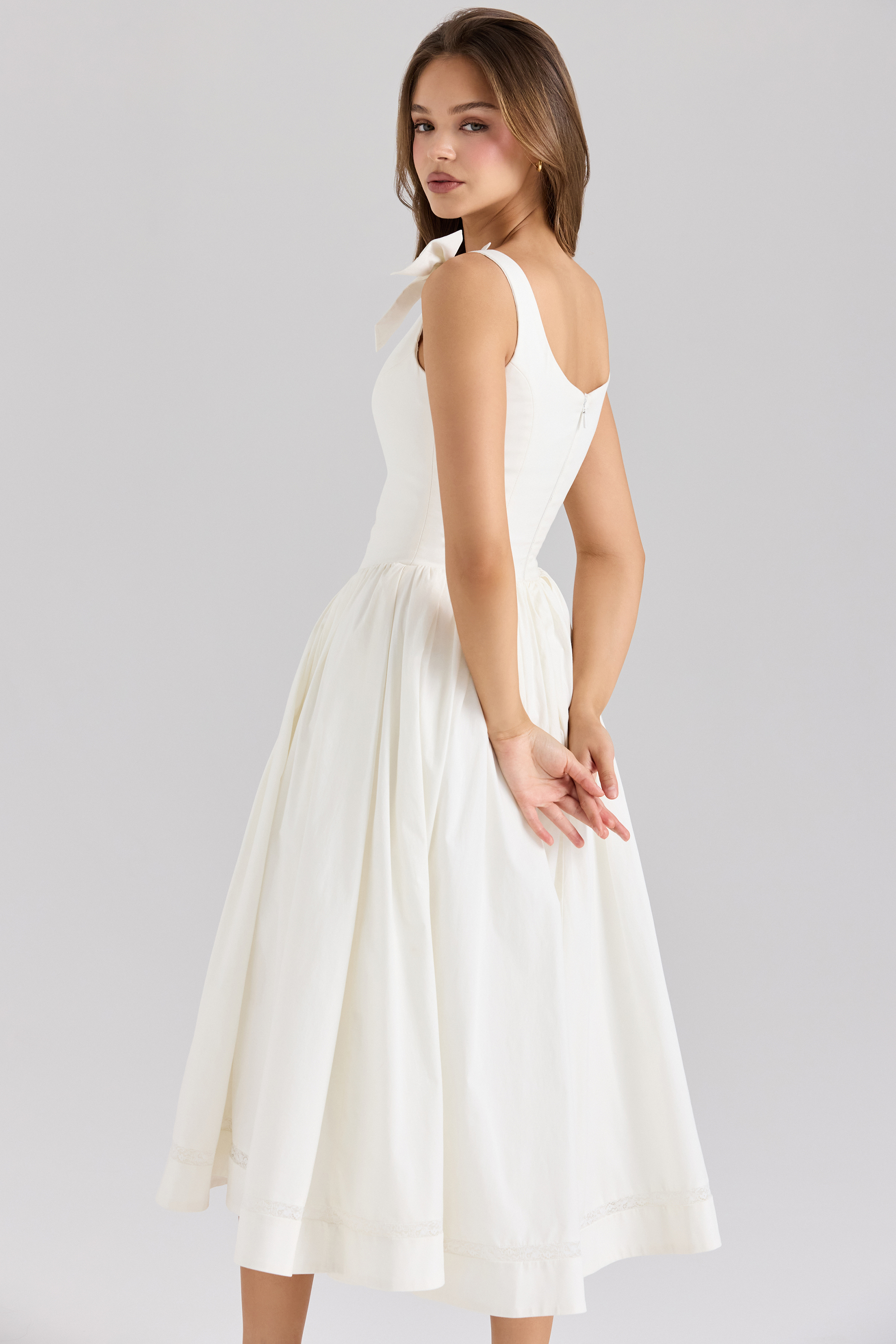 Lillia White Stretch Cotton Bow Midi Dress - luluinthesky