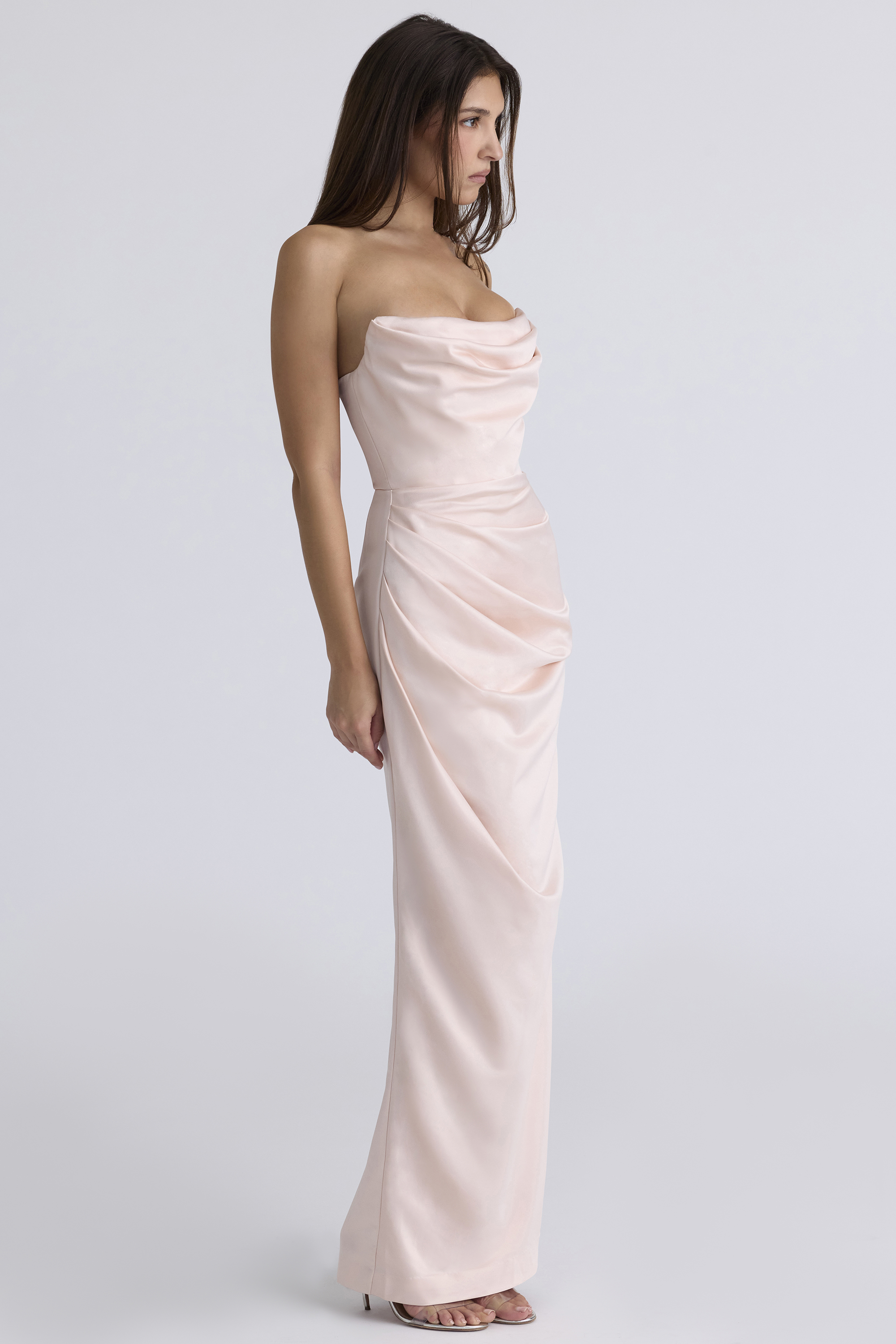 Adrienne Champagne Satin Strapless Gown - luluinthesky