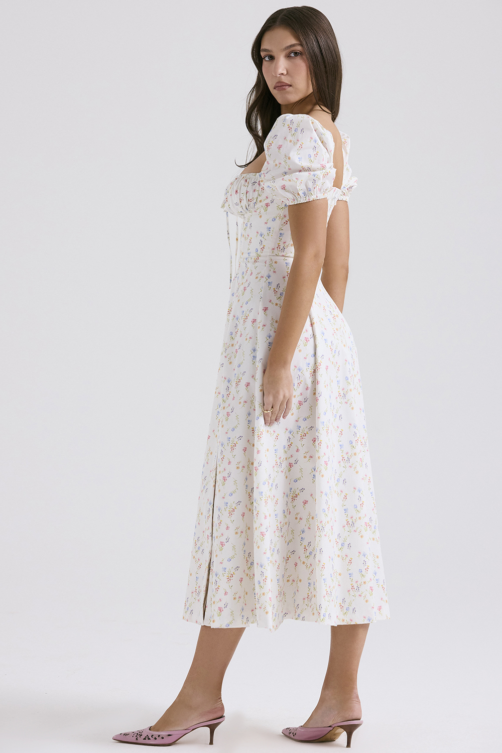 Tallulah White Posy Print Cotton Puff Sleeve Midi Sundress - luluinthesky