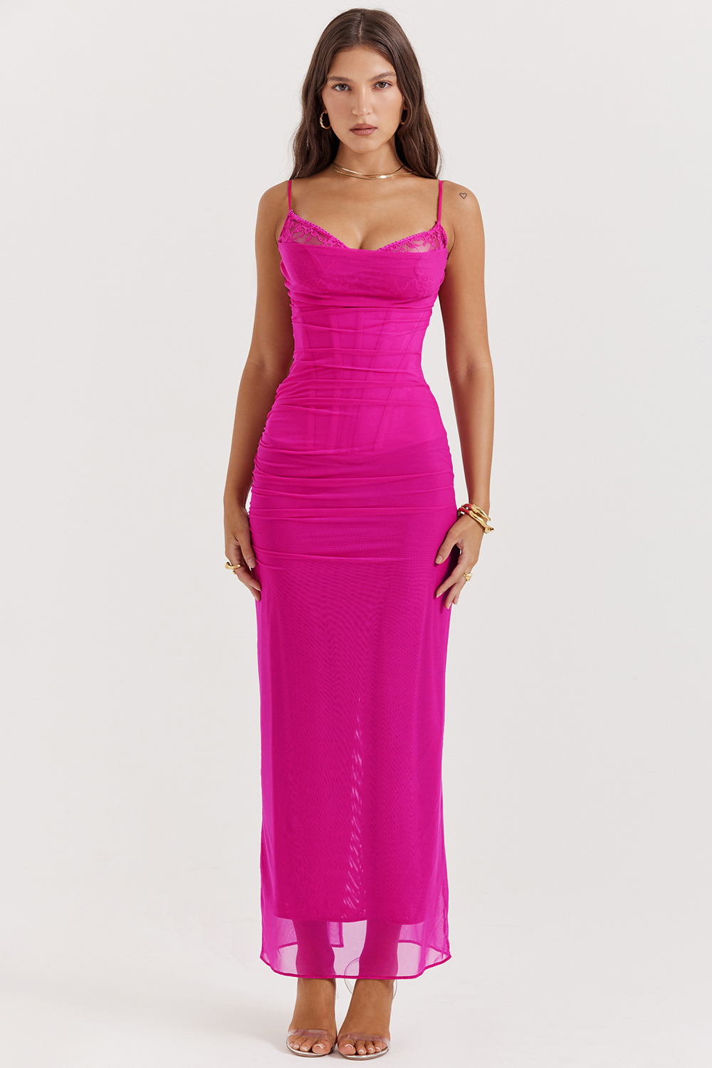 Nalini Fuchsia Stretch Mesh Maxi Dress - luluinthesky