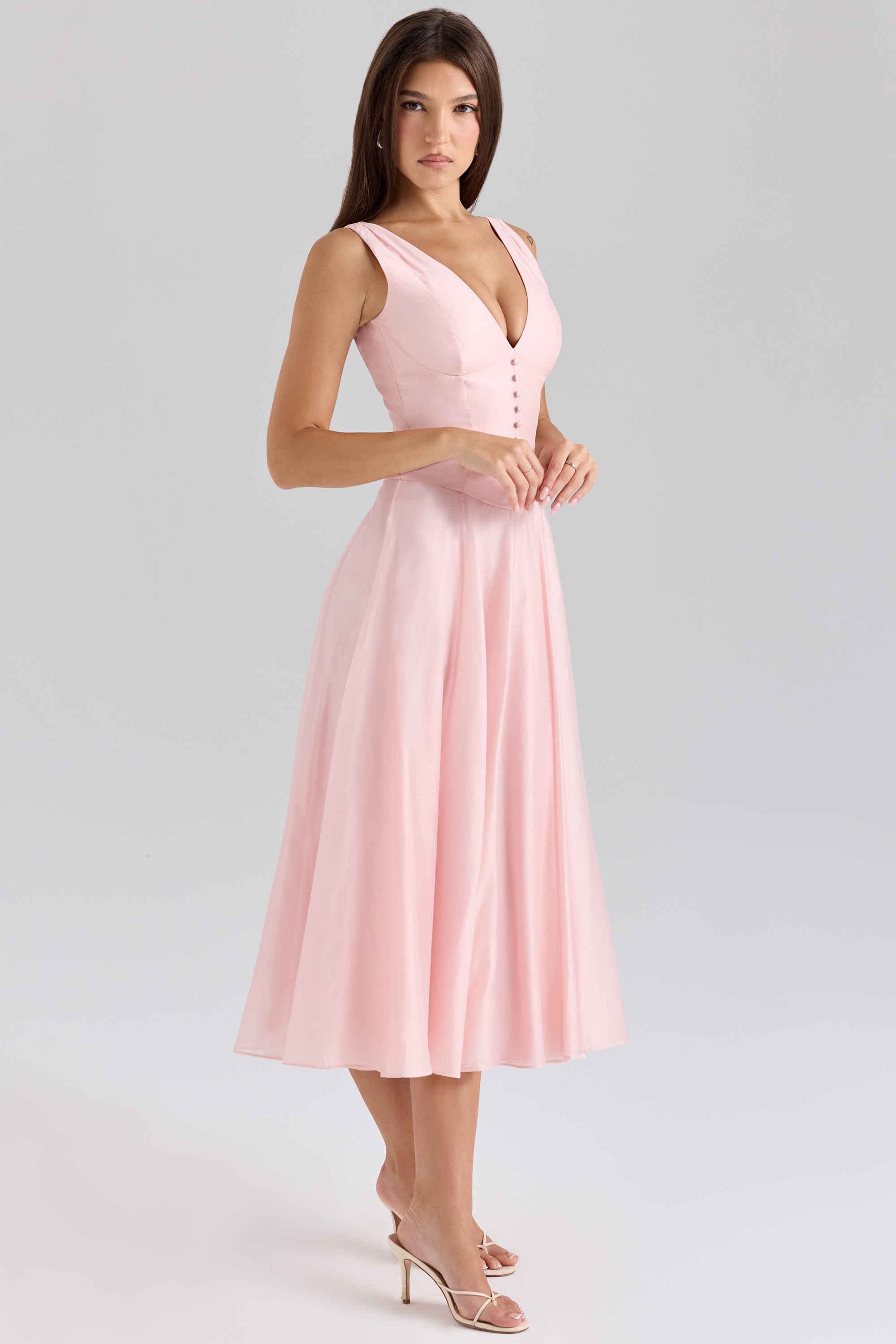 Samira Pink Chiffon Button Midi Dress - luluinthesky
