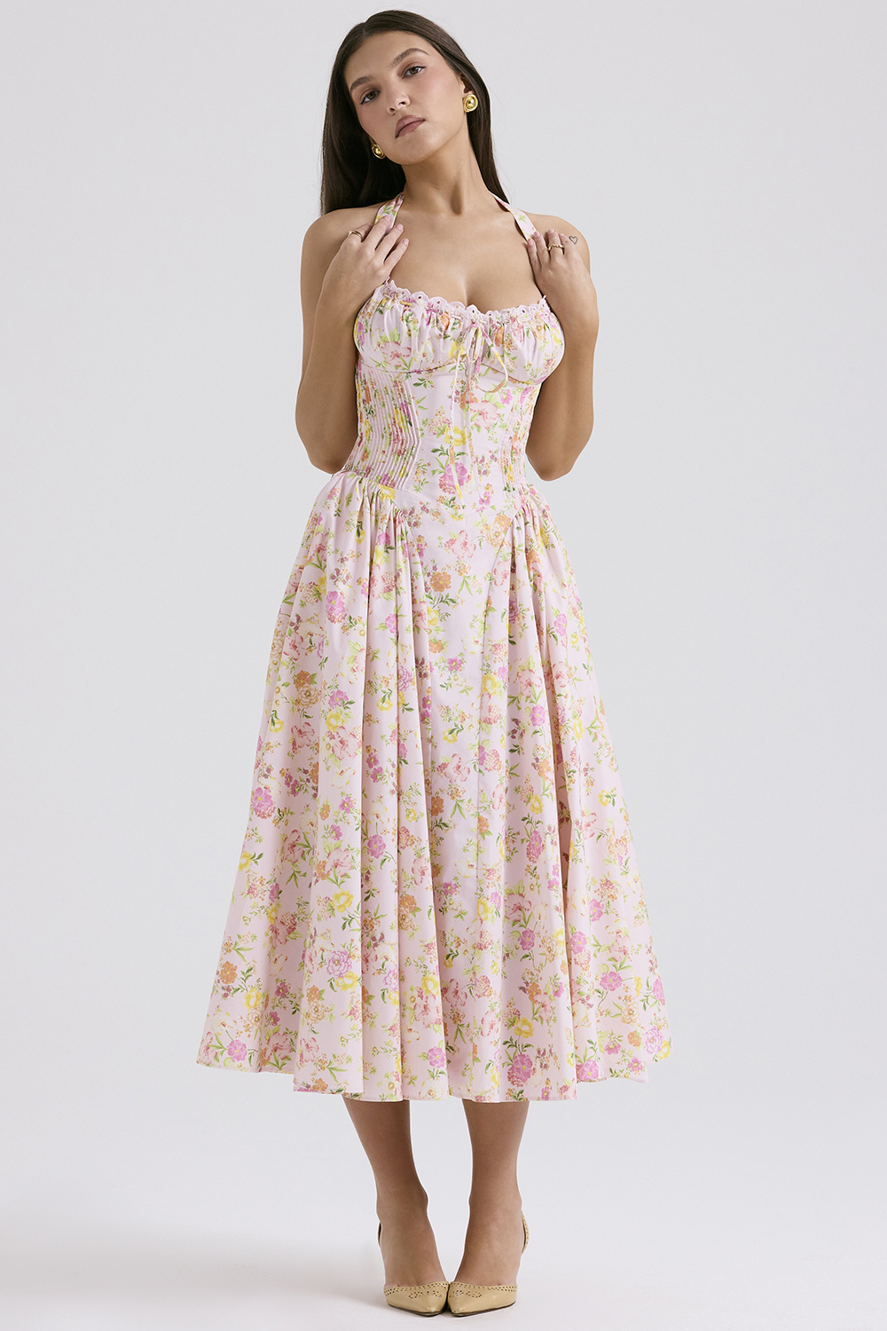 Adabella Pink Meadow Print Cotton Halter Midi Sundress - luluinthesky