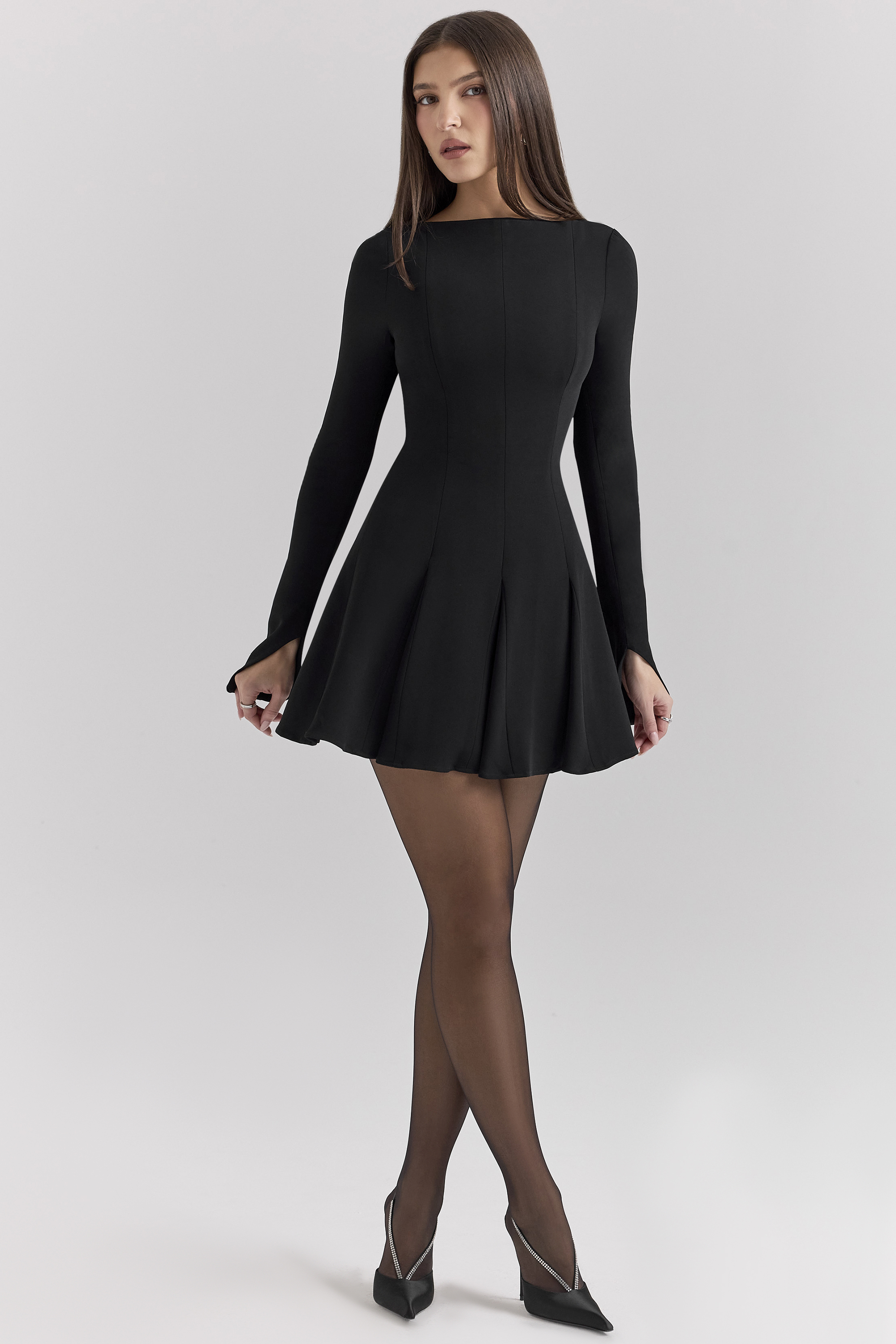 Francesca Black Stretch Crepe Godet Mini Dress - luluinthesky