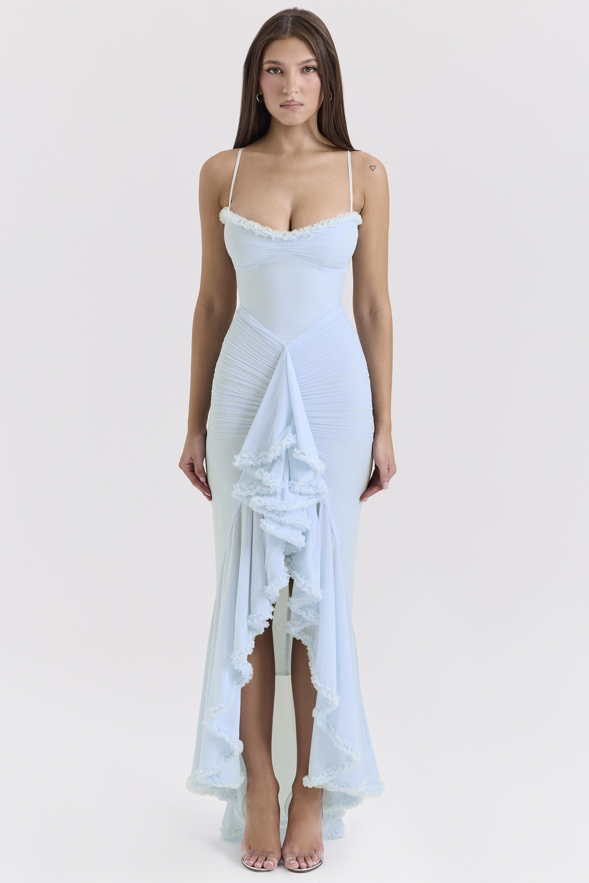 Gabbi Ice Blue Mesh Ruffled Front Gown - luluinthesky