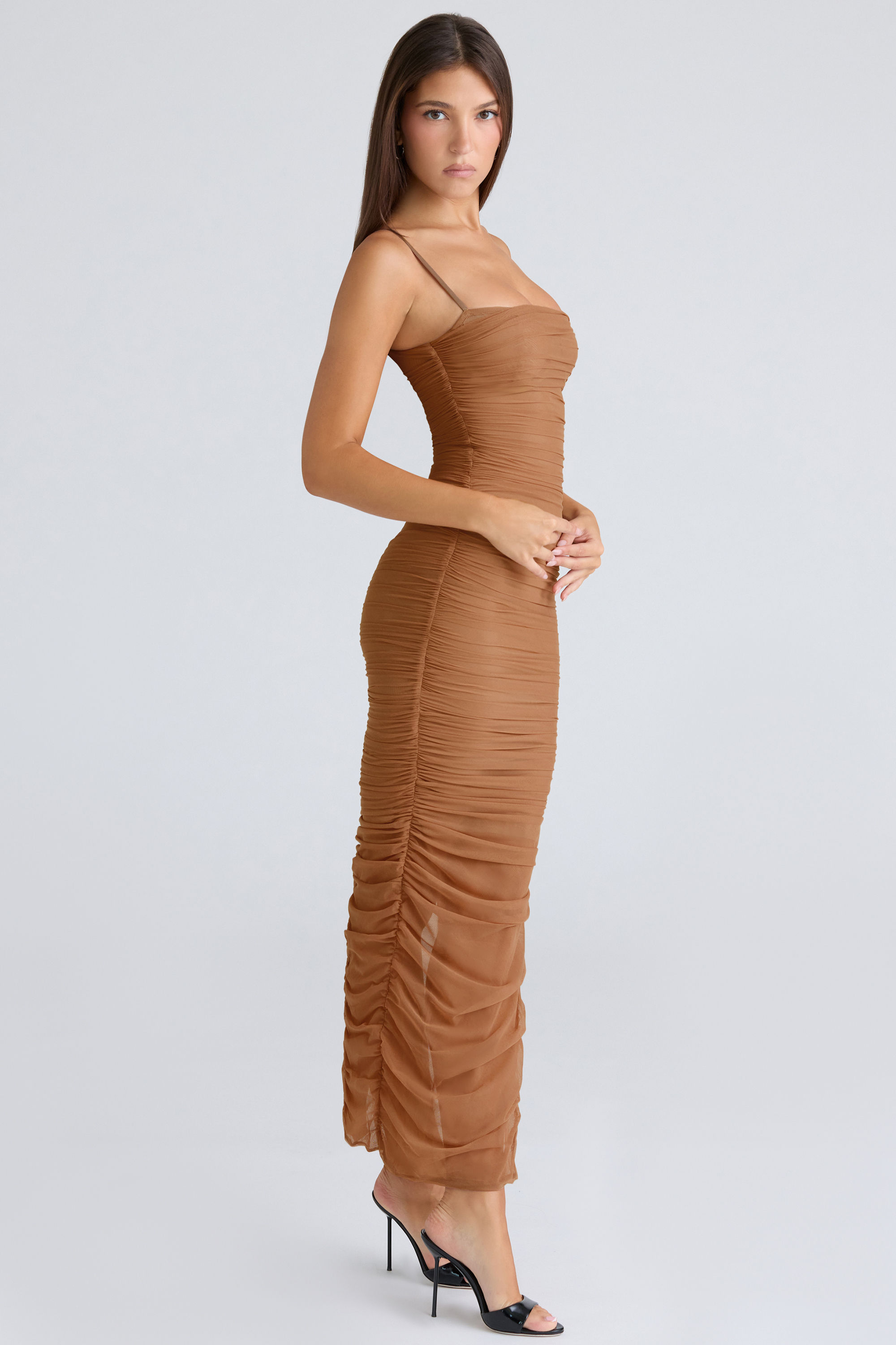 Fornarina Tan Gathered Stretch Mesh Maxi Dress - luluinthesky