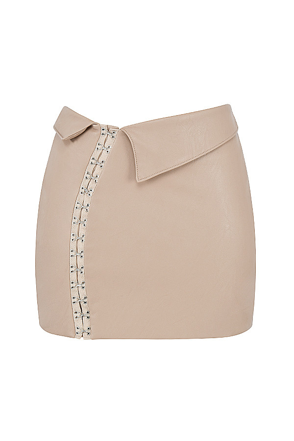 AlphaMistress Rocks  Beige Folded Waist Vegan Leather Mini Skirt - SALE - luluinthesky