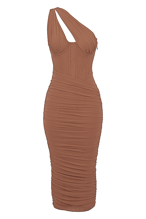 Valentina Mocha Asymmetric Cutout Midi Dress - luluinthesky