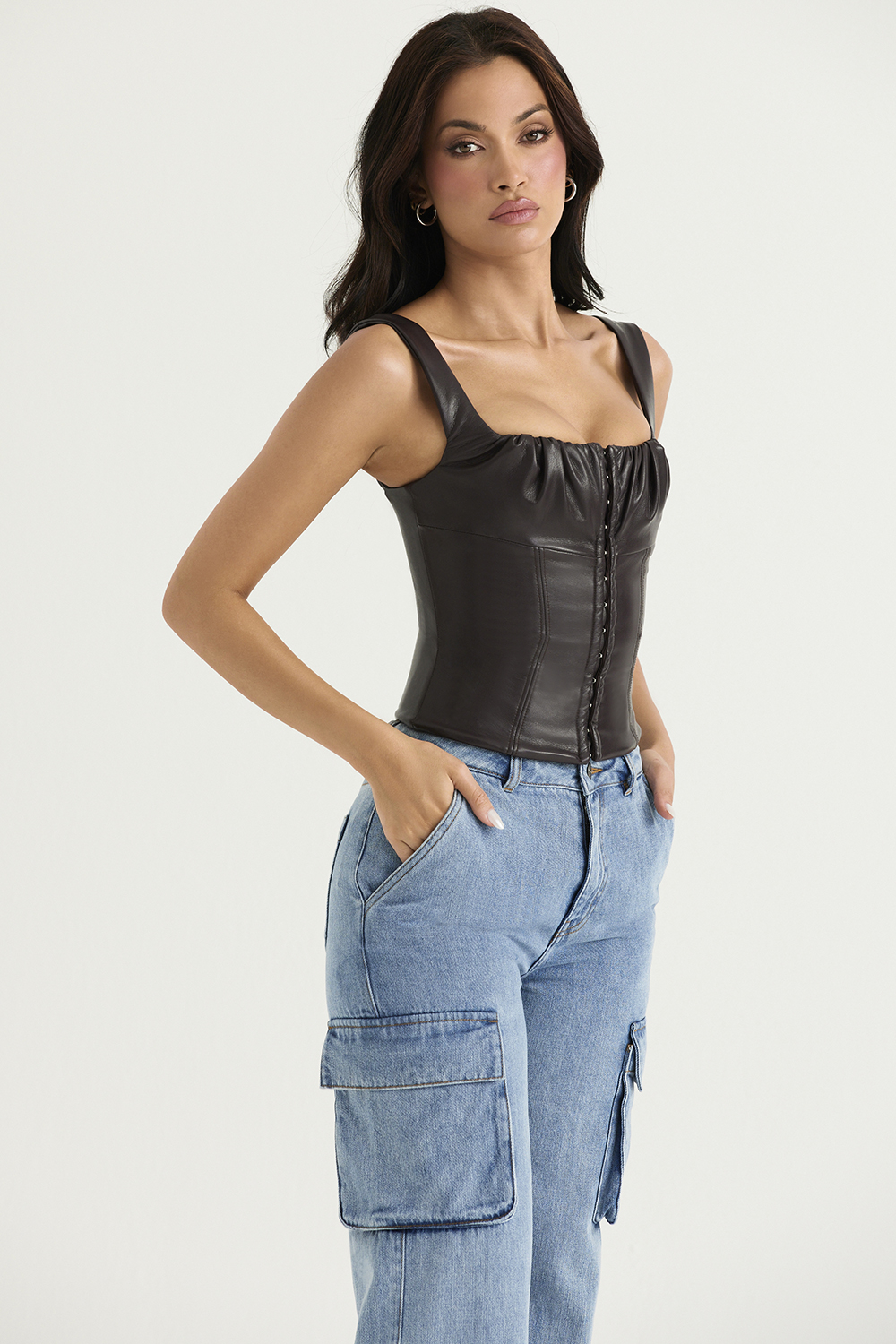 James Bitter Chocolate Vegan Leather Corset - luluinthesky