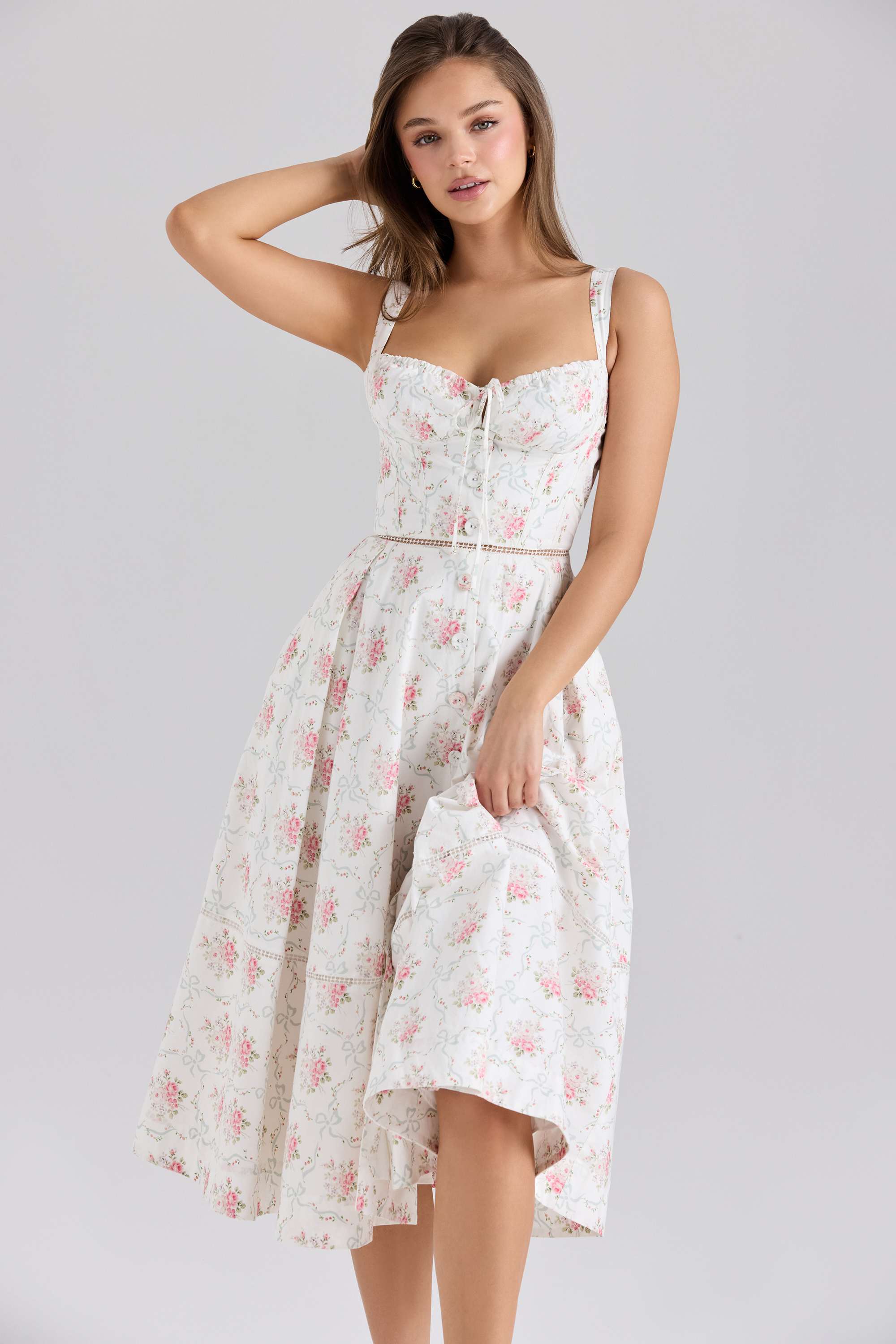 Chiarina Rose Print Cotton Button Front Midi Dress - luluinthesky