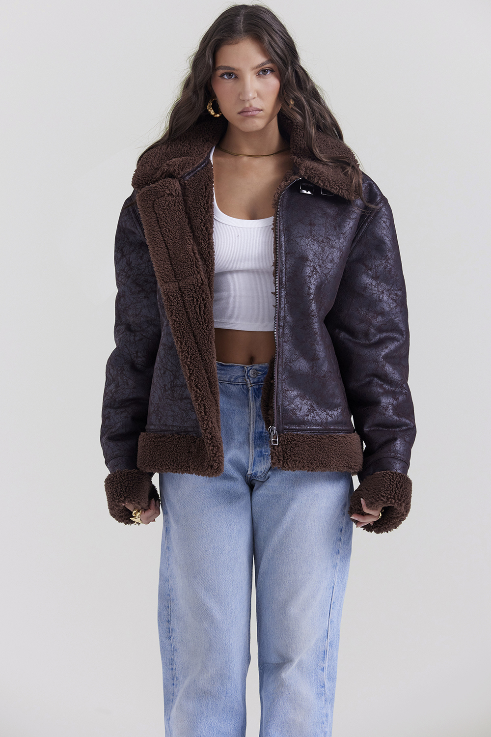 Madden Brown Vegan Shearling Aviator Jacket - luluinthesky