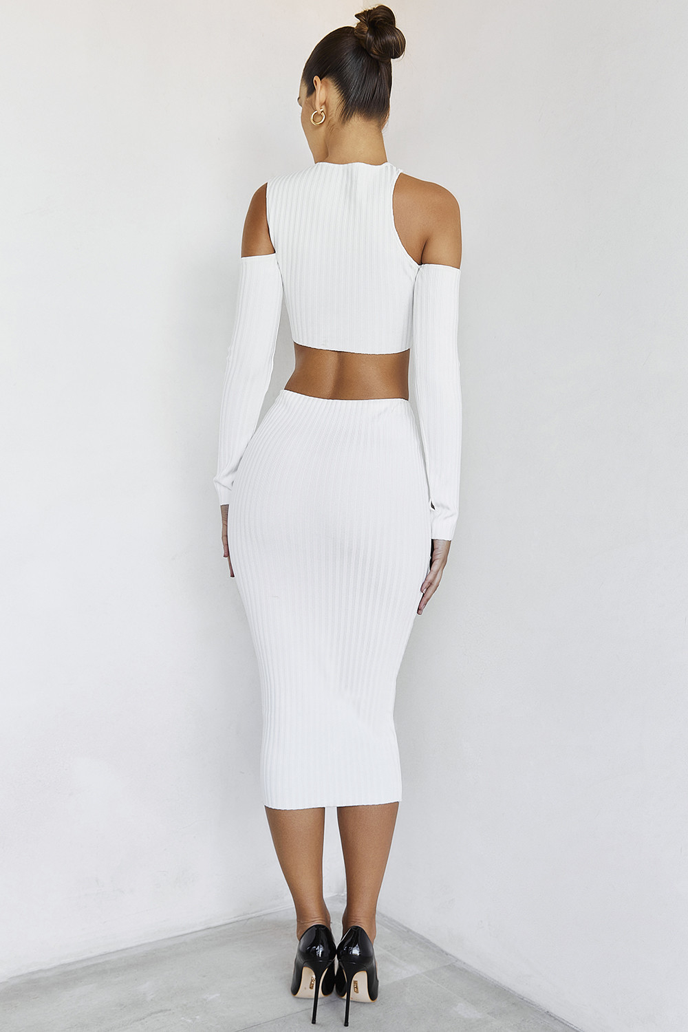 SkylineMistress Rocks  White Ribbed Bandage Midi Skirt - SALE - luluinthesky