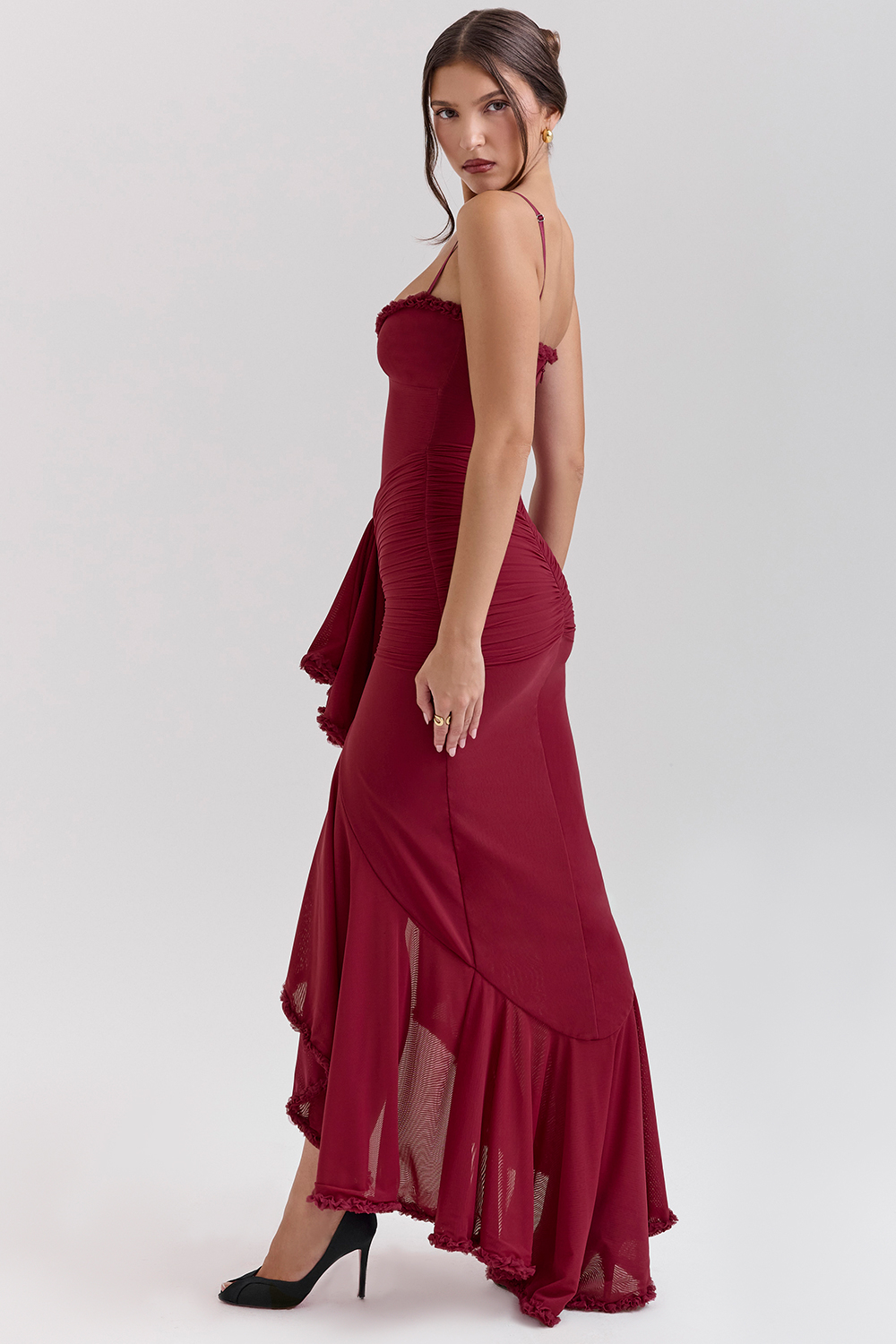 Gabbi Wine Ruffled Front Gown - luluinthesky