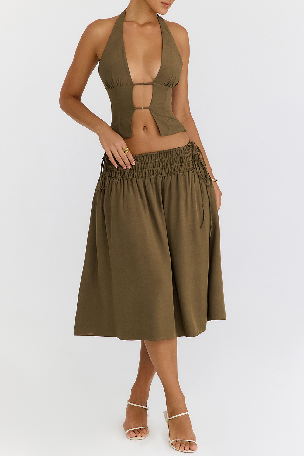 Mistress Rocks Olive Shirred Waist Midi Skirt - SALE - luluinthesky