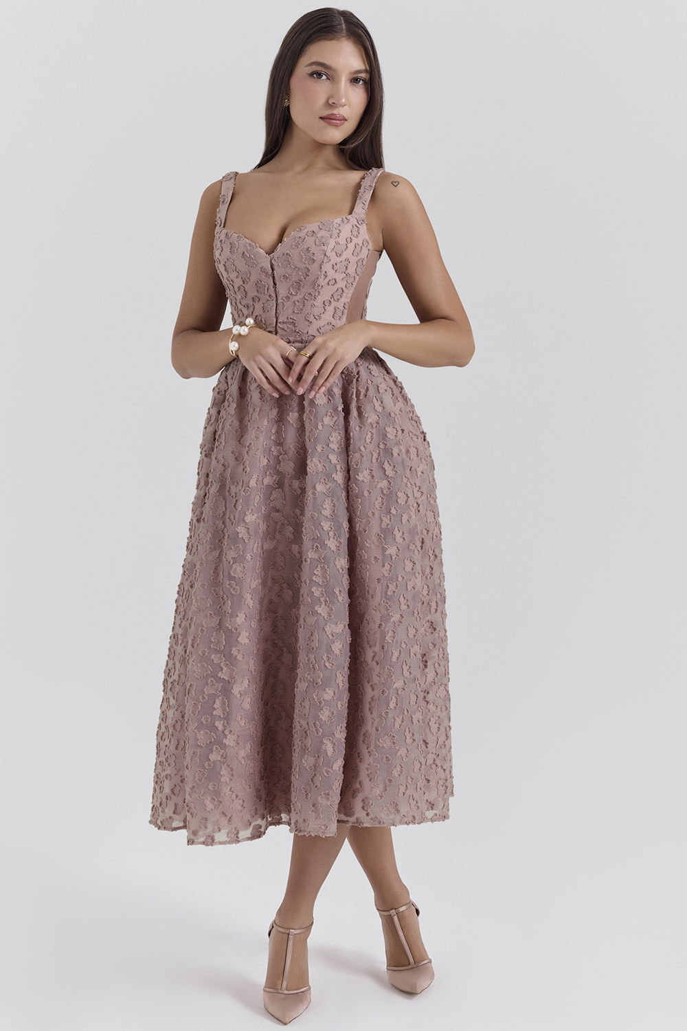Lovely French Rose Jacquard Sweetheart Neckline Midi Dress - SALE - luluinthesky