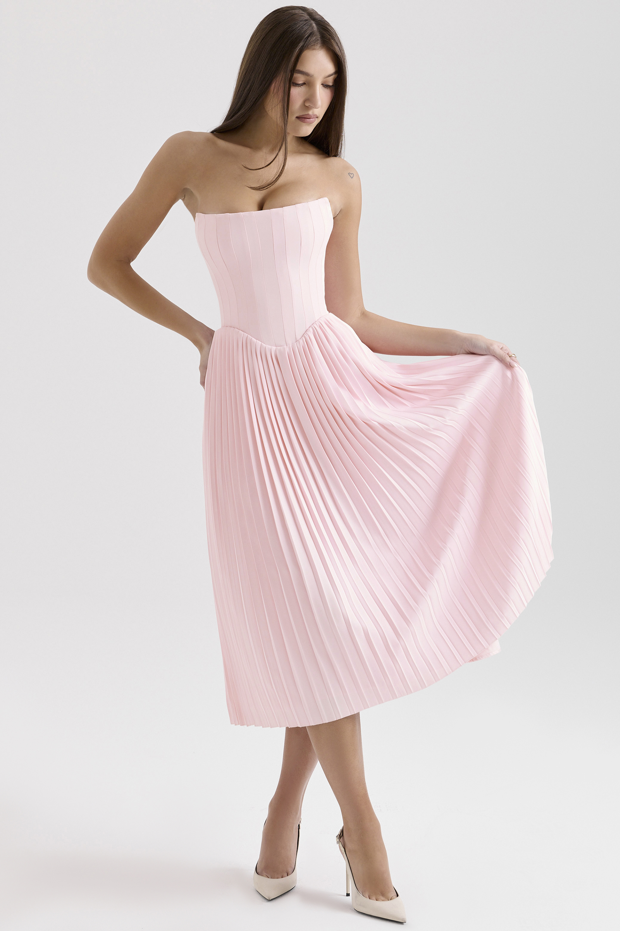 Marci Pink Pleated Midi Corset Dress - luluinthesky