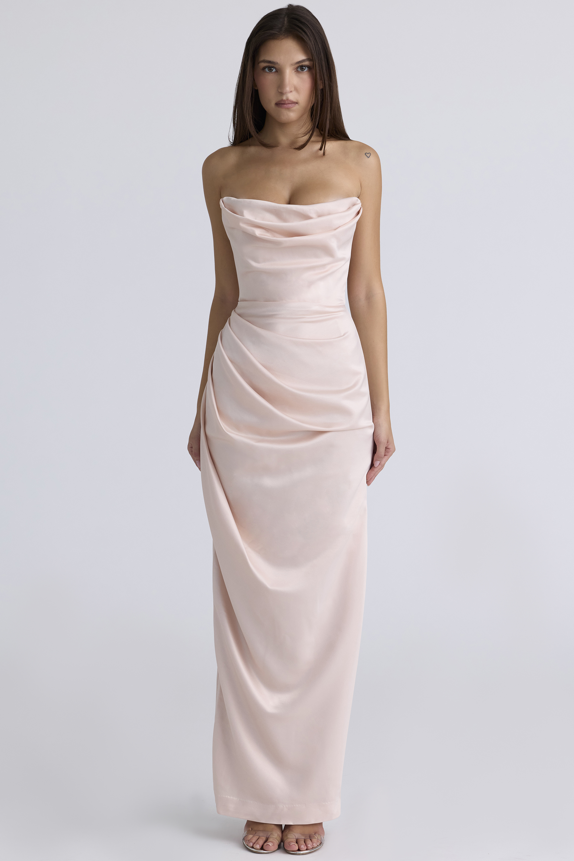 Adrienne Champagne Satin Strapless Gown - luluinthesky