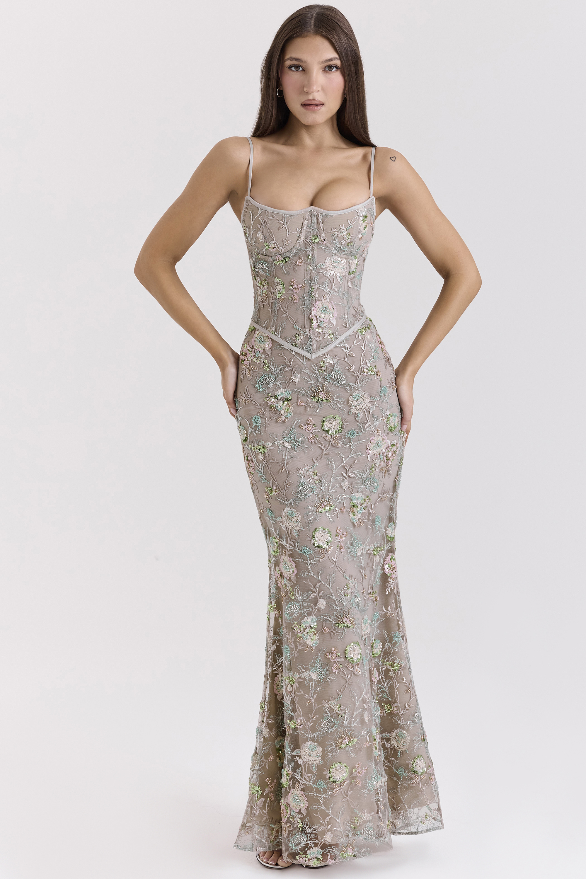 Naima Silver Embellished Beaded Corset Maxi Dress - luluinthesky