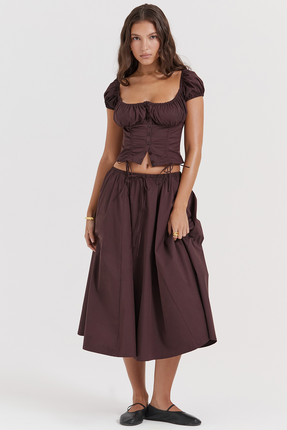 Cora Rich Brown Gathered Midi Skirt - luluinthesky