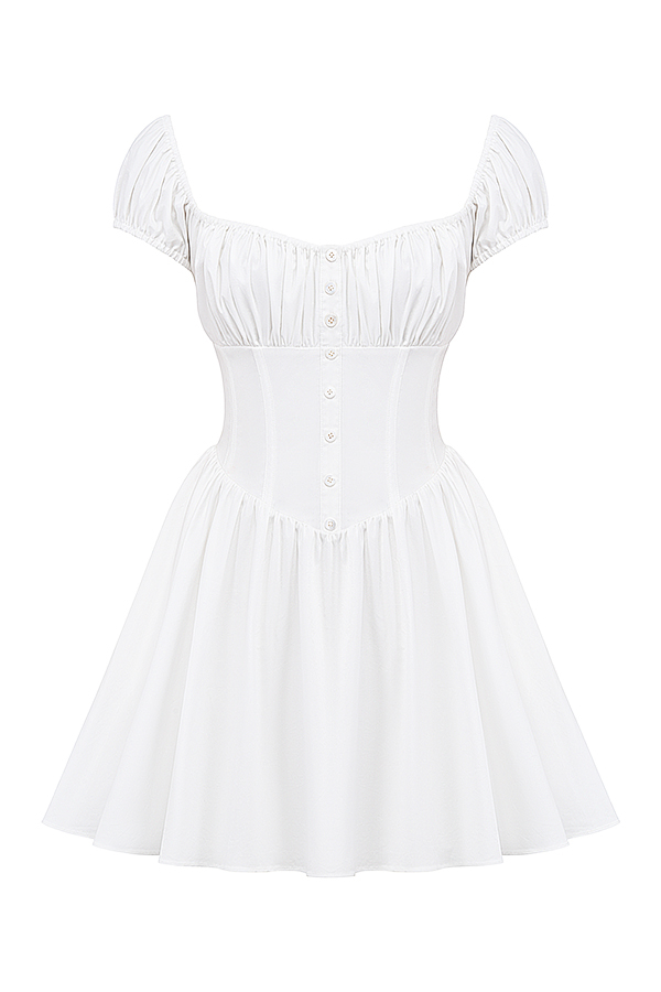 Nala White Cotton Gathered Mini Dress - luluinthesky