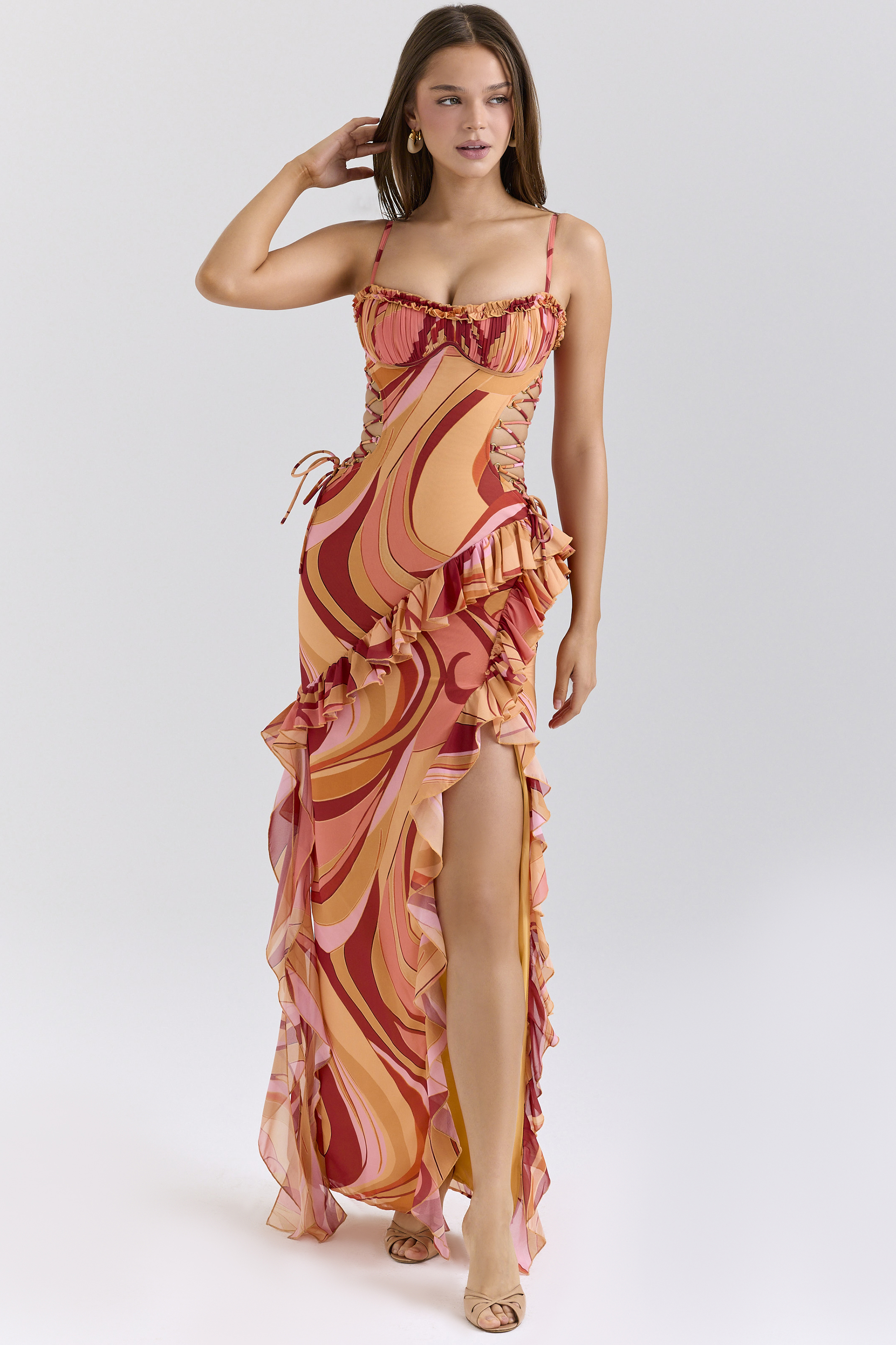 Lumira Sunset Swirl Print Ruffle Cut Out Maxi Dress - luluinthesky