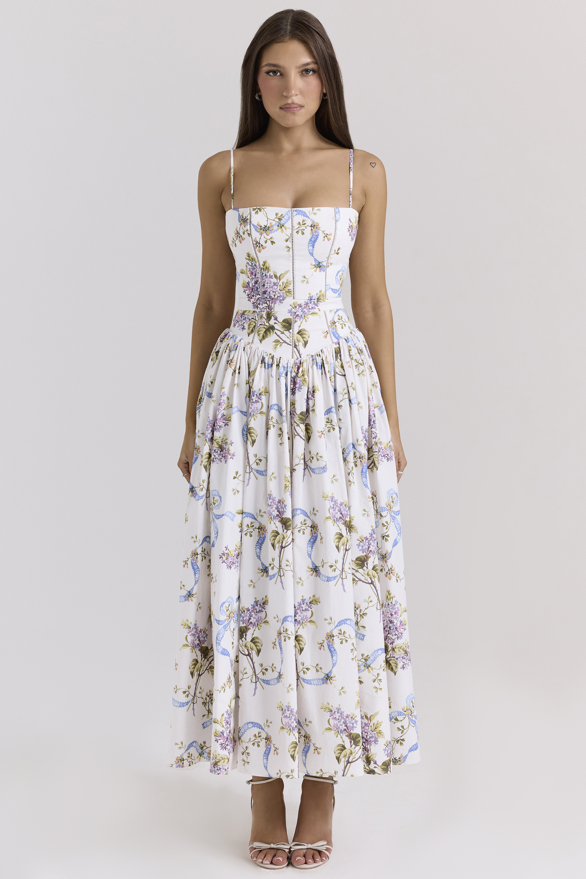 Ysabella Off White Vintage Ribbon Print Cotton Midi Sundress - luluinthesky