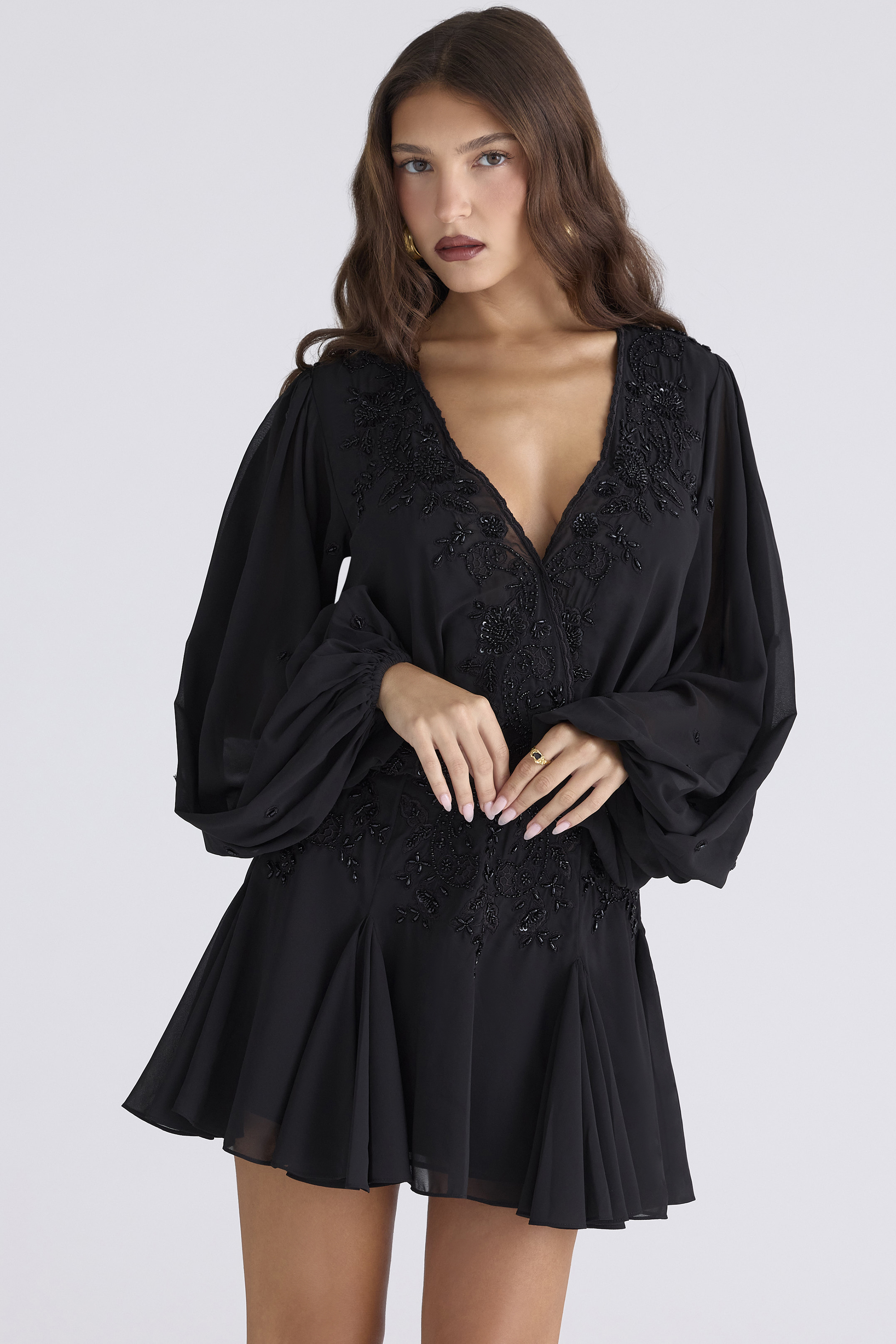 Gianna Black Hand Beaded Georgette Mini Dress - Limited Edition - luluinthesky