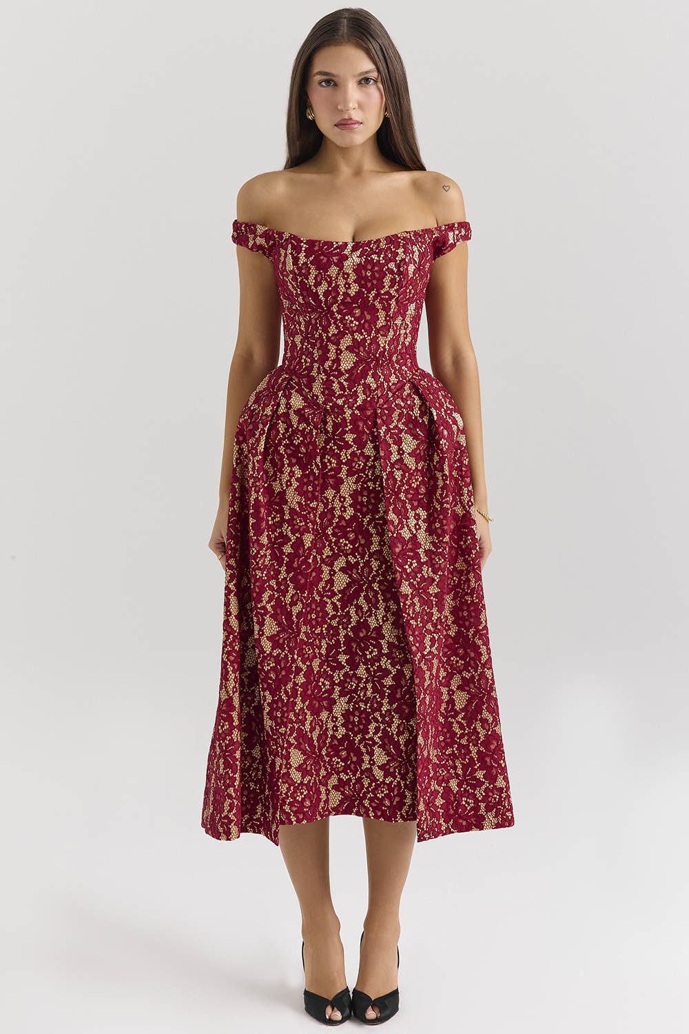 Charming Gold and Berry Lace Midi Off Shoulder Dress - luluinthesky