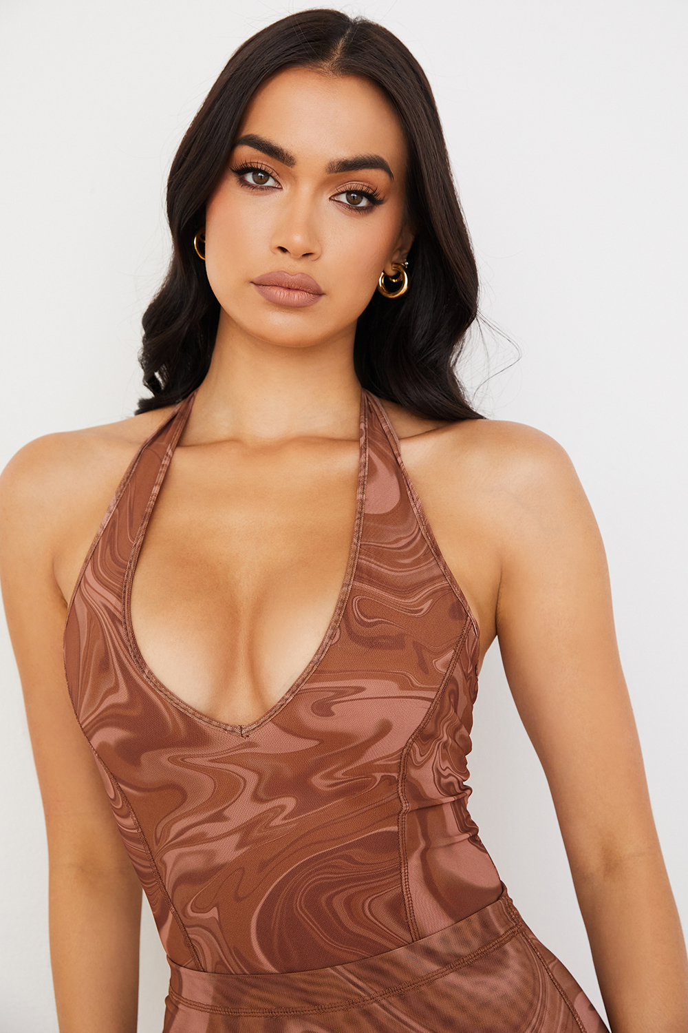 Sabine Cocoa Swirl Print Halter Bodysuit - luluinthesky