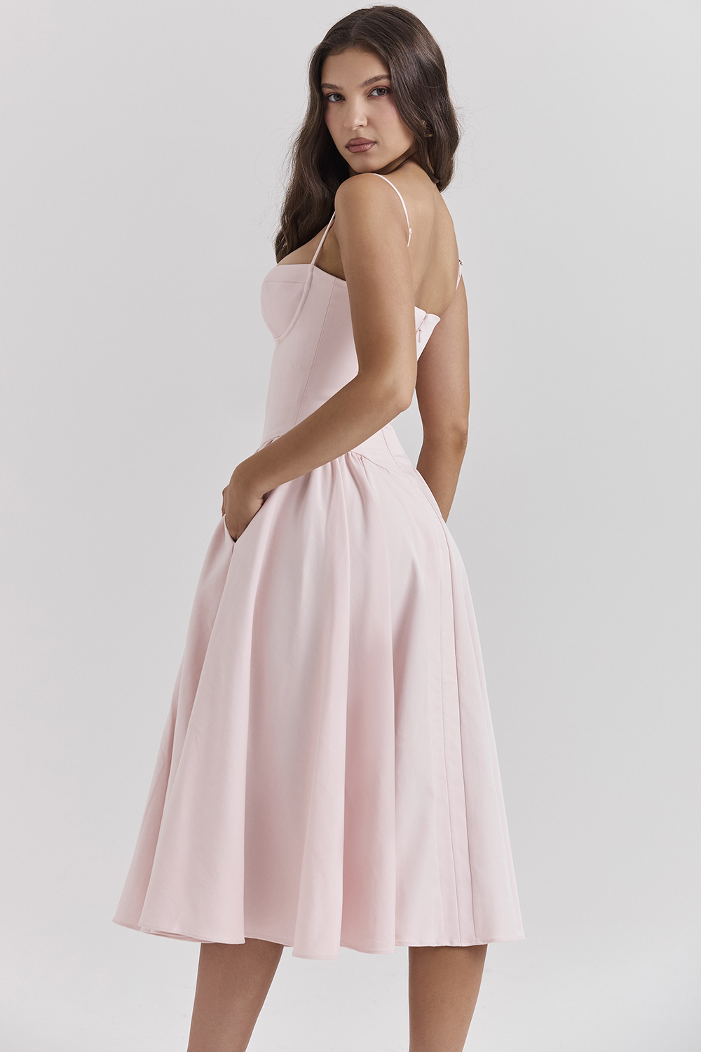 Samaria Ballerina Pink Twill Corset Midi Dress - luluinthesky
