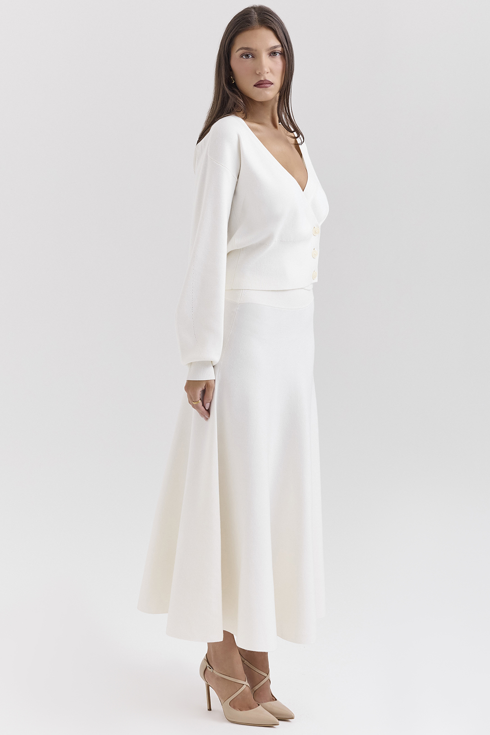 Solara Ivory Wool Mix Flared Midi Skirt - luluinthesky