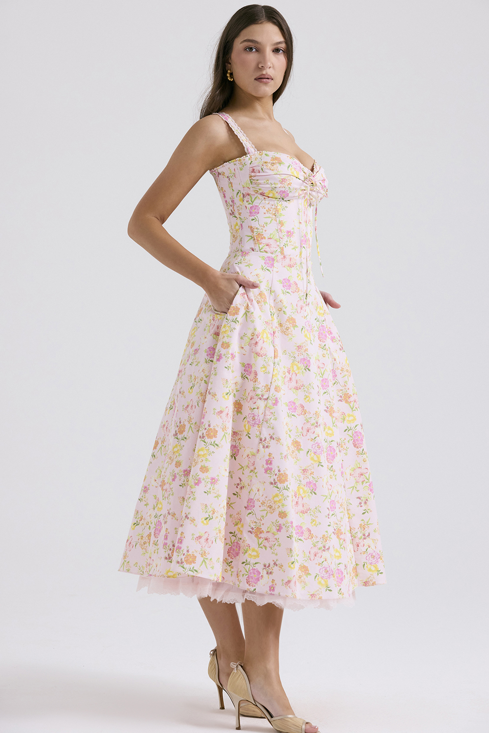 Rosalee Pink Meadow Print Cotton Bustier Sundress - luluinthesky
