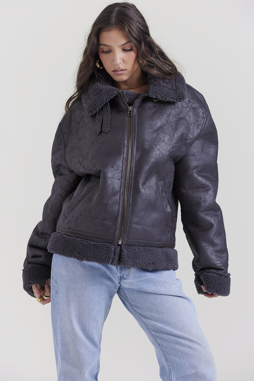 Madden Grey Vegan Shearling Aviator Jacket - luluinthesky