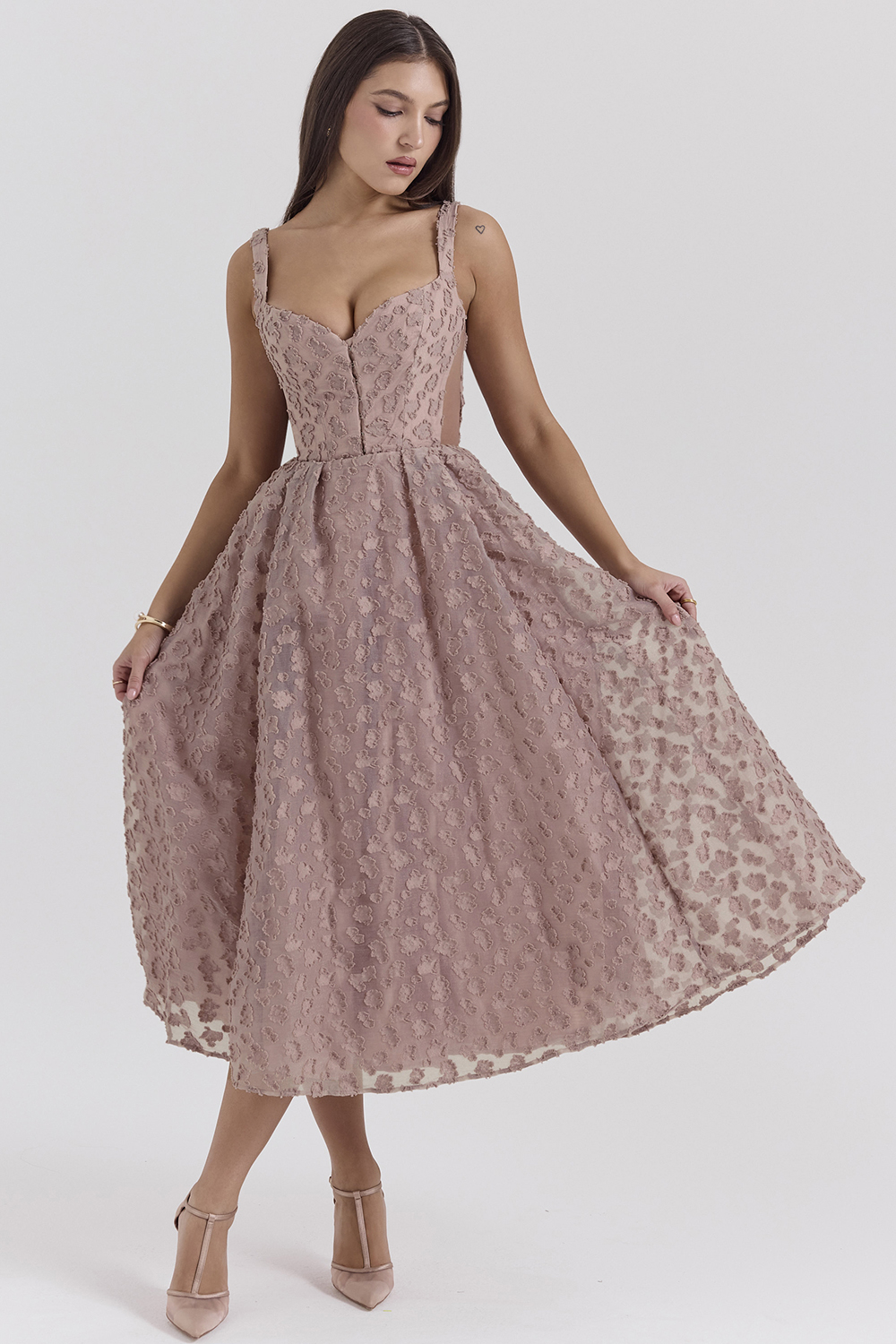 Lovely French Rose Jacquard Sweetheart Neckline Midi Dress - SALE - luluinthesky
