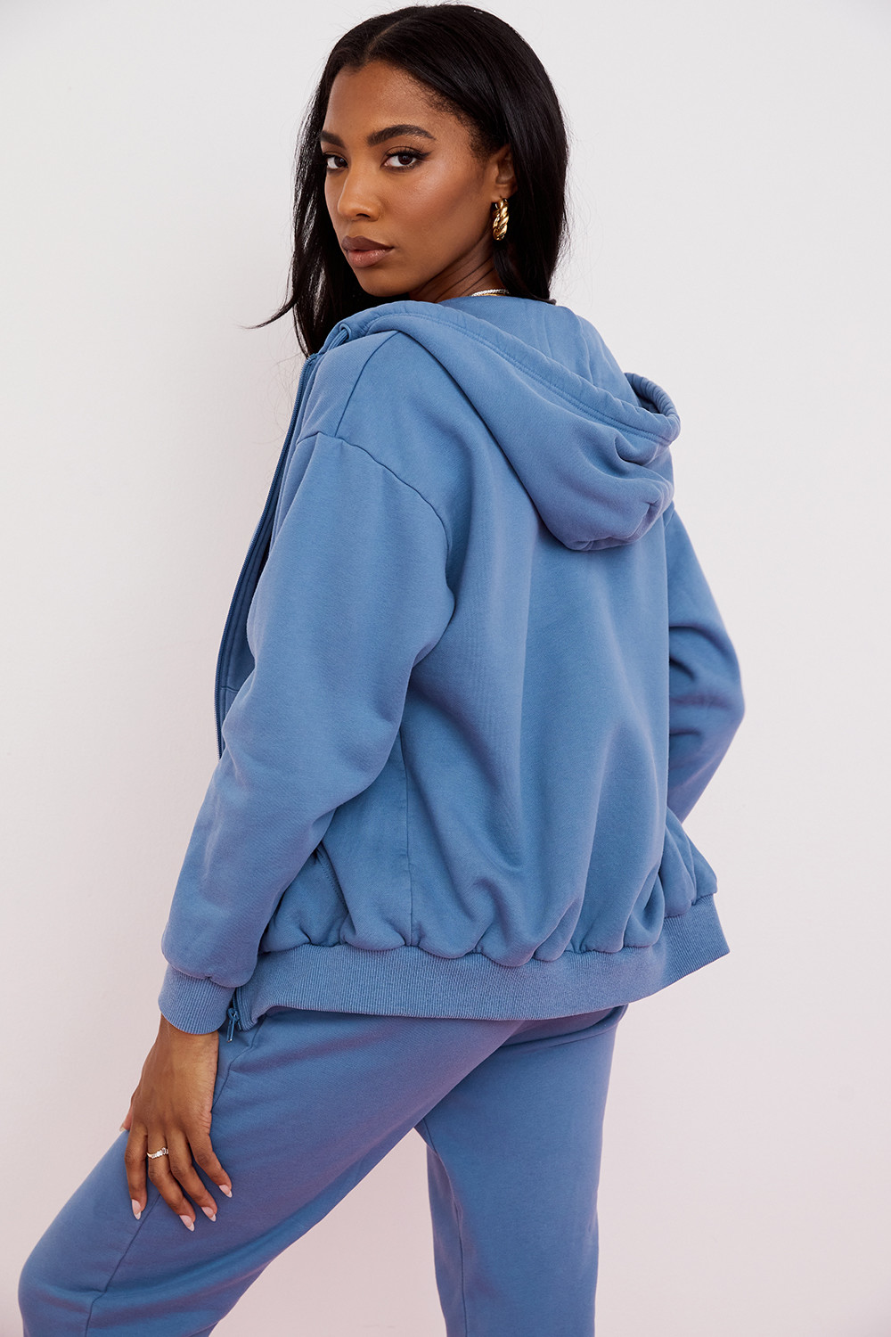 Storm Azure Cotton Fleece-Back Zip Through Hoodie - luluinthesky