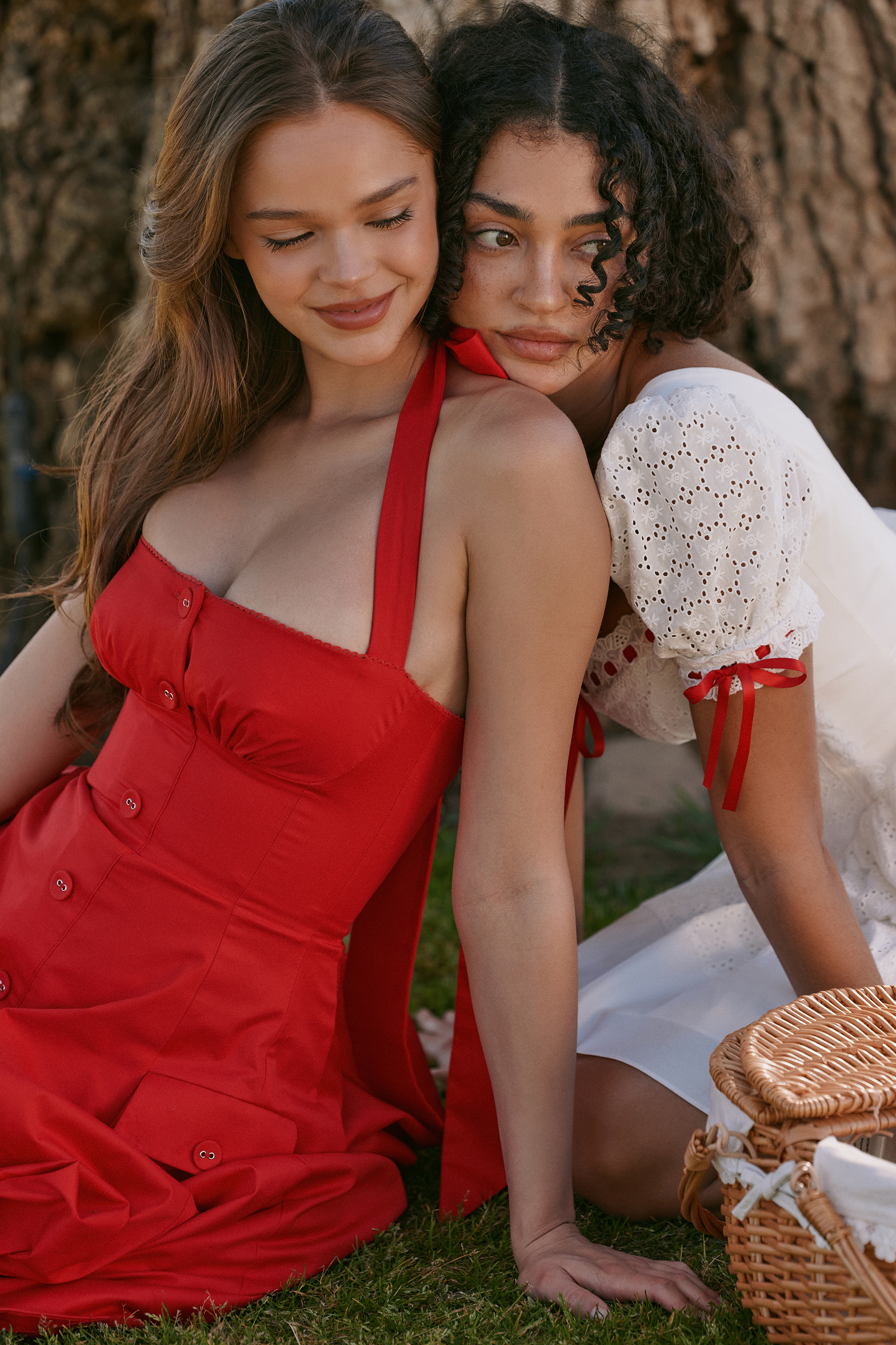 Claudia Red Stretch Cotton Button Halter Neck Midi Dress - luluinthesky