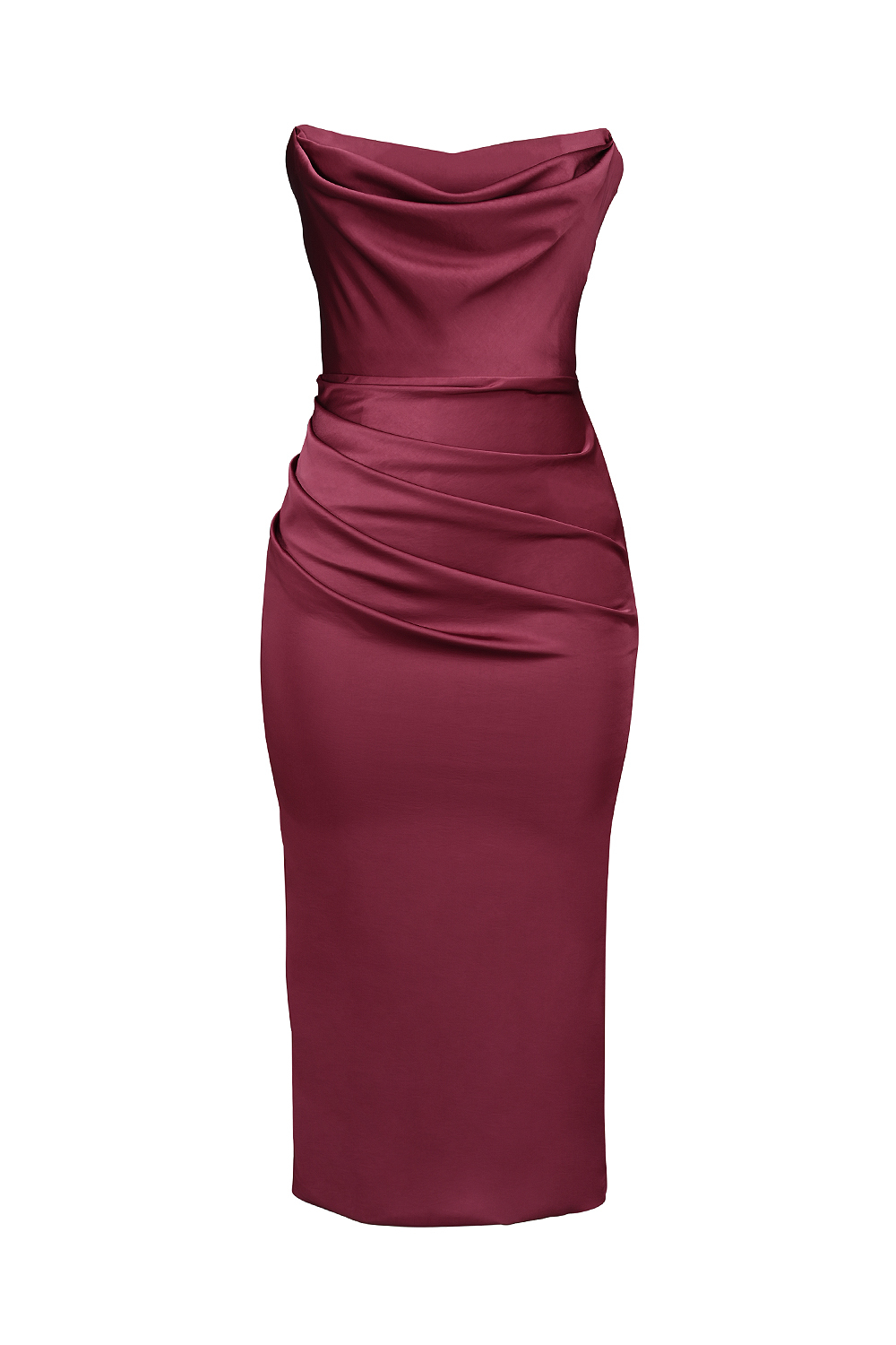 Santana Berry Satin Strapless Midi Dress - luluinthesky