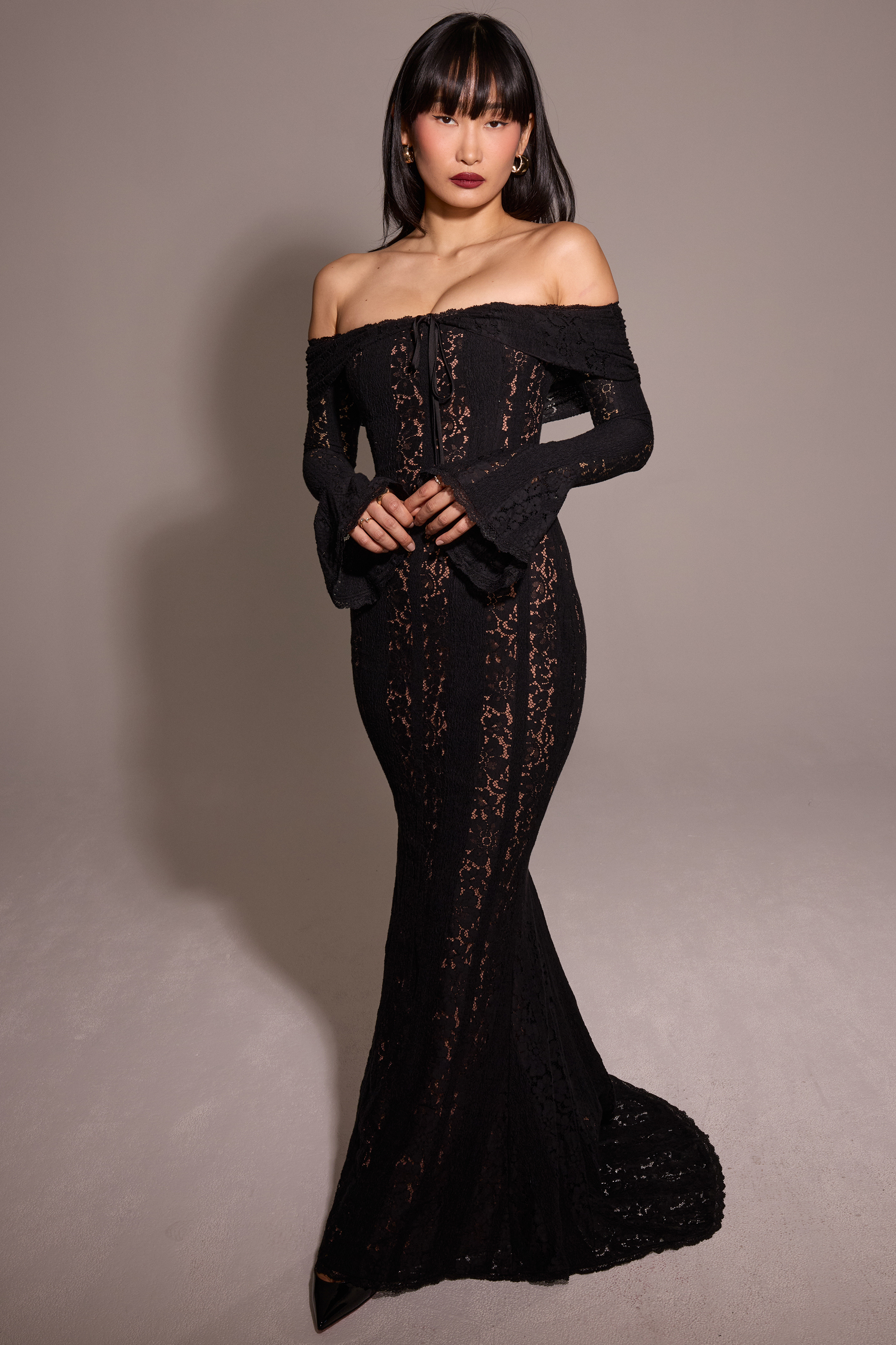 Belle Black Off Shoulder Floral Lace Maxi Dress - luluinthesky