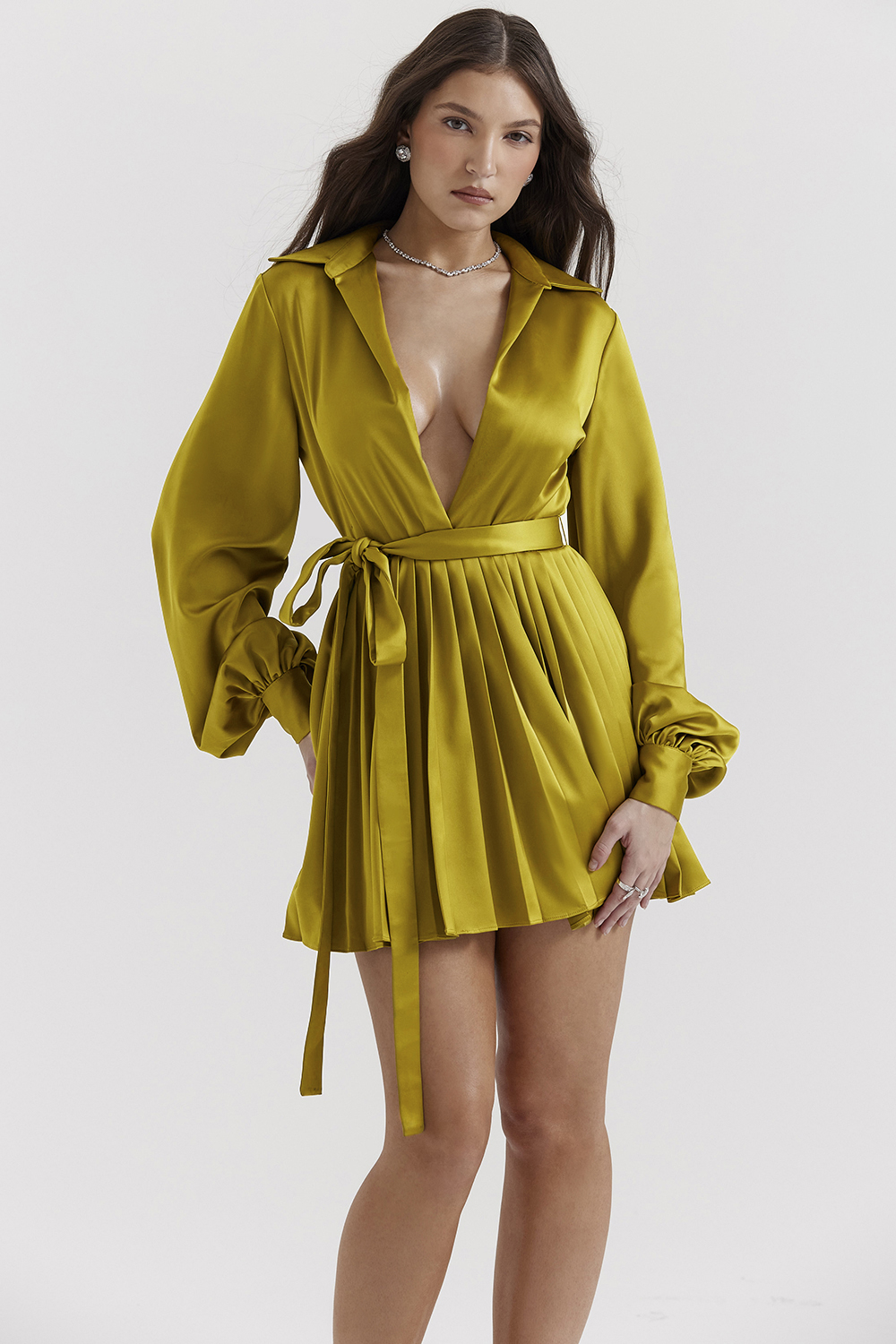 Allegra Chartreuse Pleated Shirt Dress - luluinthesky