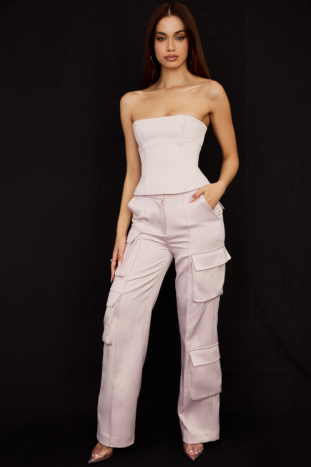 Daria Crystal Satin Straight Leg Cargo Trousers - luluinthesky
