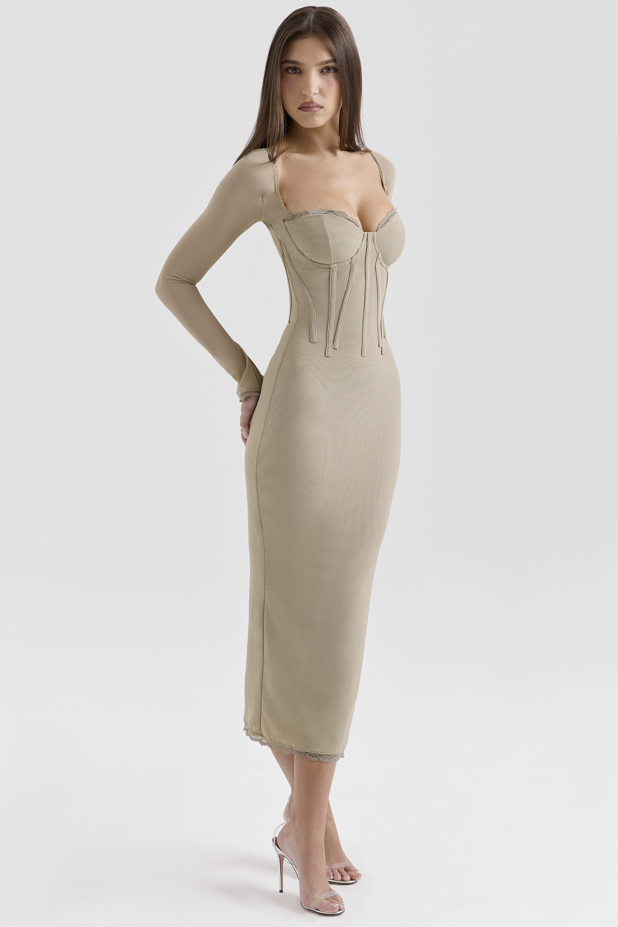 Saisha Beige Mesh Long Sleeve Bodycon Midi Dress - luluinthesky