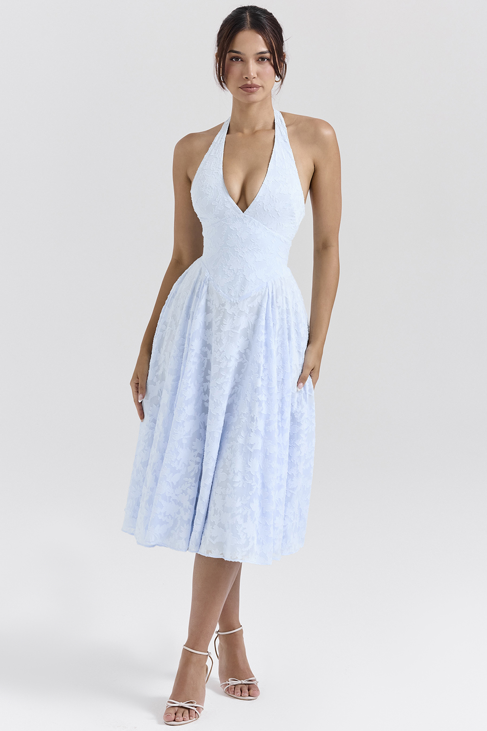 Arietta Bluebell Floral Jacquard Halter Midi Dress - luluinthesky