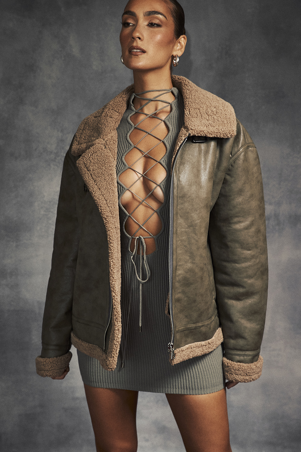 Madden Army Green Vegan Shearling Aviator Jacket - luluinthesky