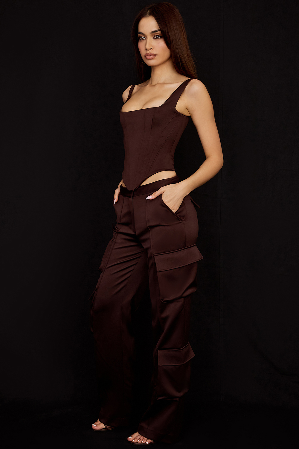 Daria Chocolate Satin Cargo Trousers - luluinthesky