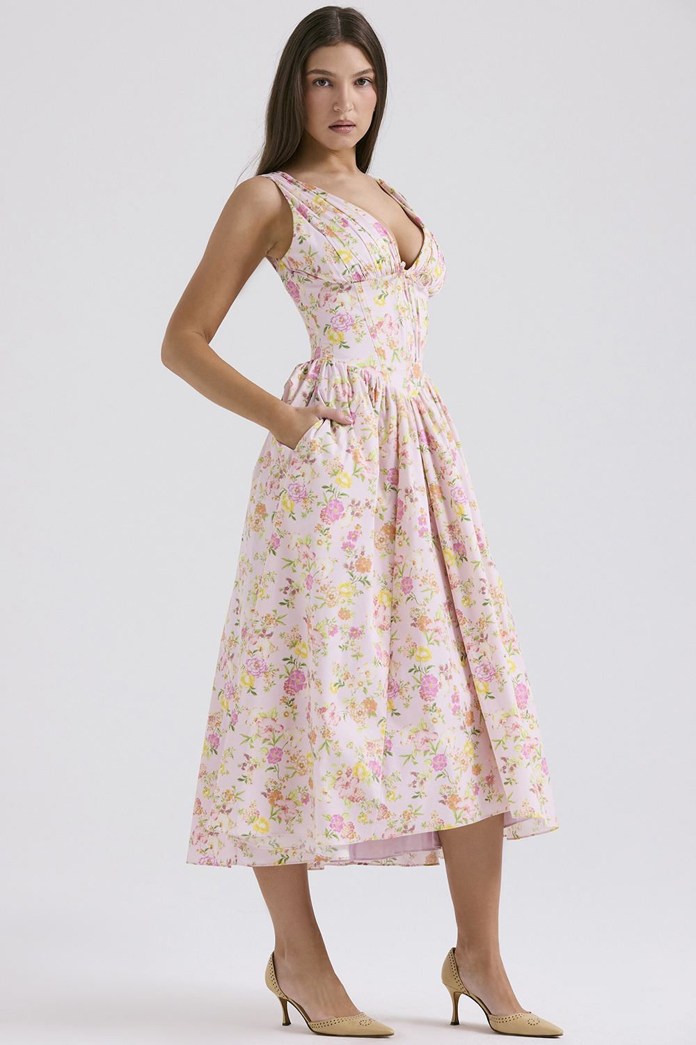 Emmelina Pink Meadow Print Cotton Corset Sundress - luluinthesky